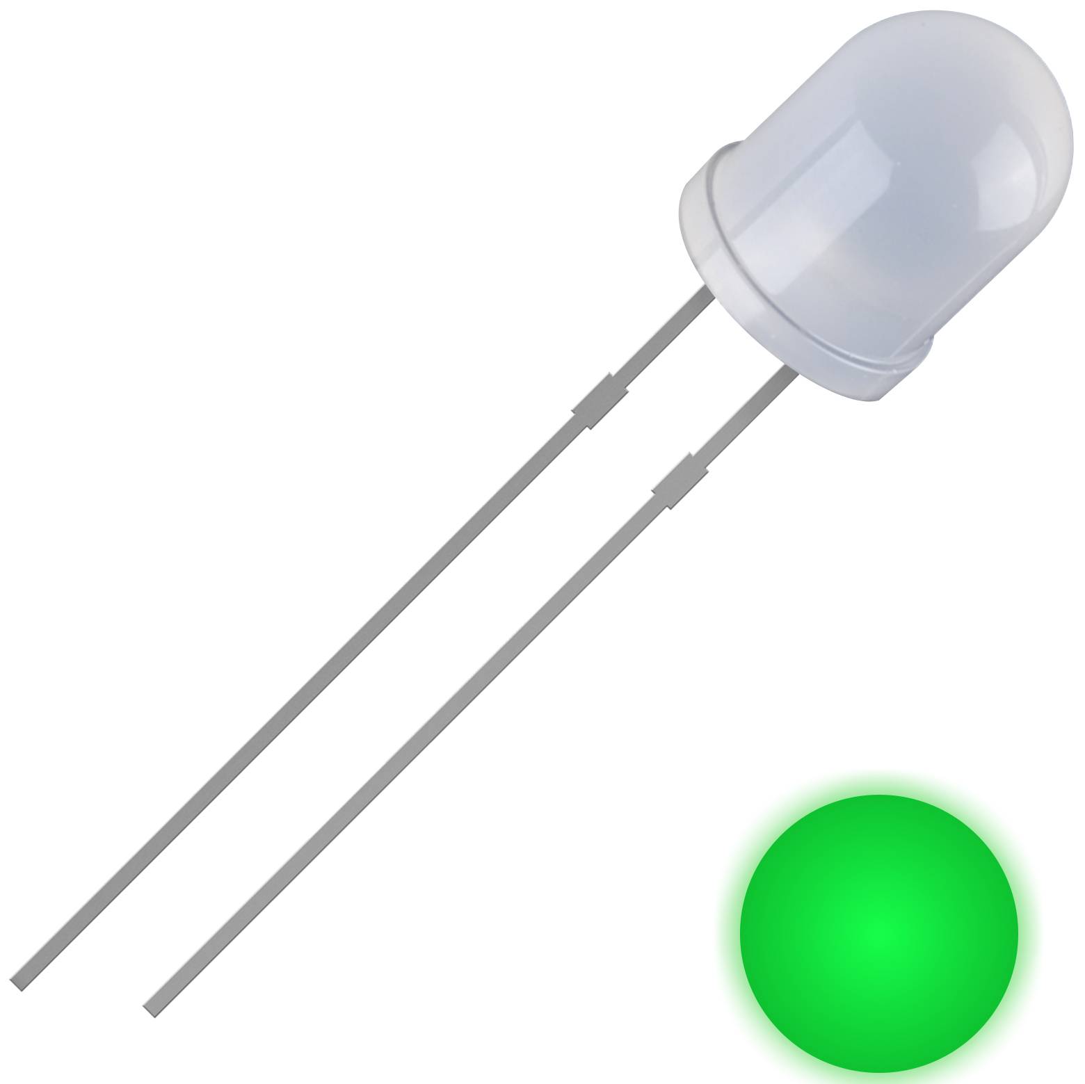 Eine grüne LED-Lampe leuchtet, dargestellt mit zwei Metallanschlüssen. Sie symbolisiert oft elektrische Schaltungen oder Signalanzeigen.
