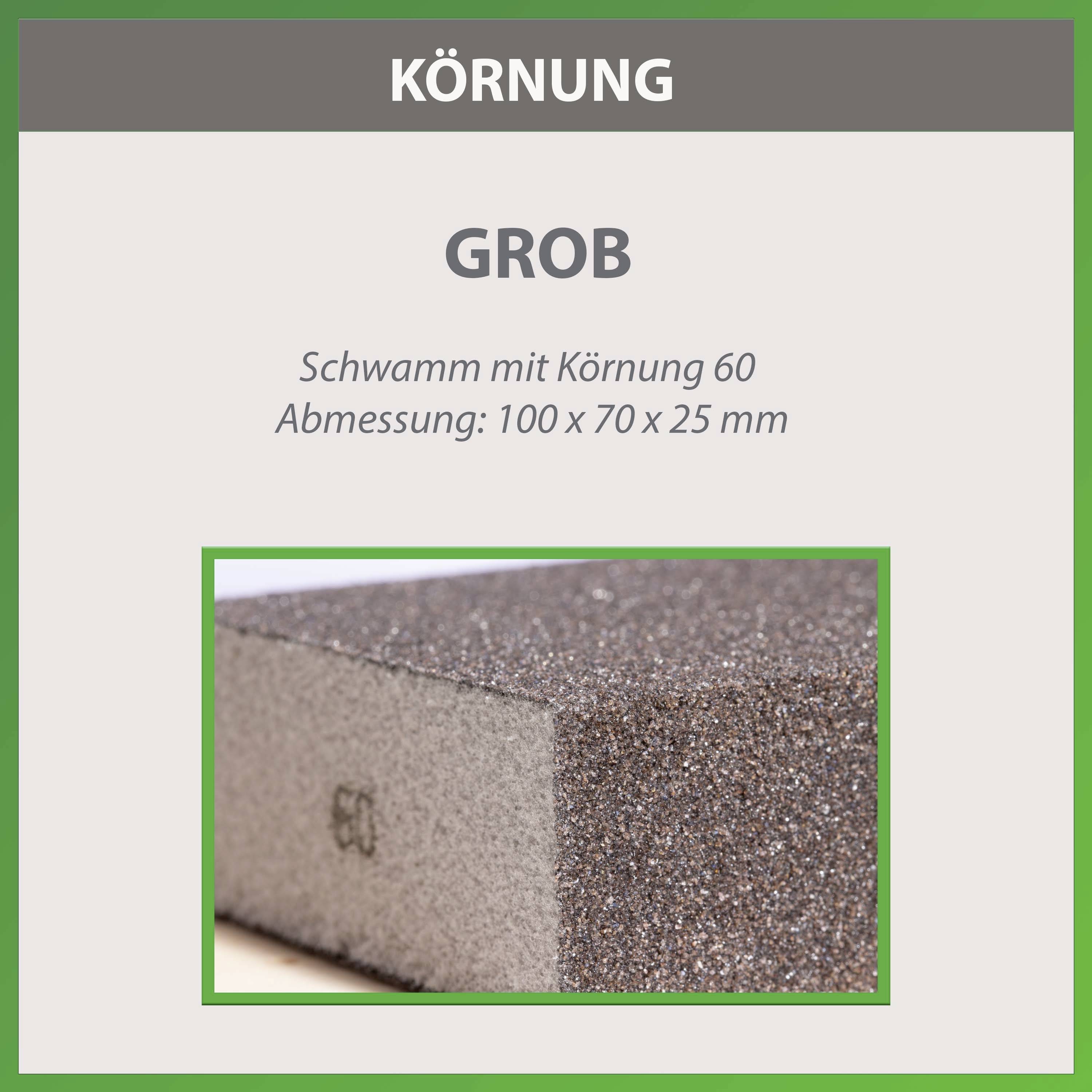 'KÖRNUNG' GROß auf weißem Hintergrund. 'GROB Schwamm mit Körnung 60 Abmessung: 100 x 70 x 25 mm'. Bild zeigt braunen Schwamm-Ecke.