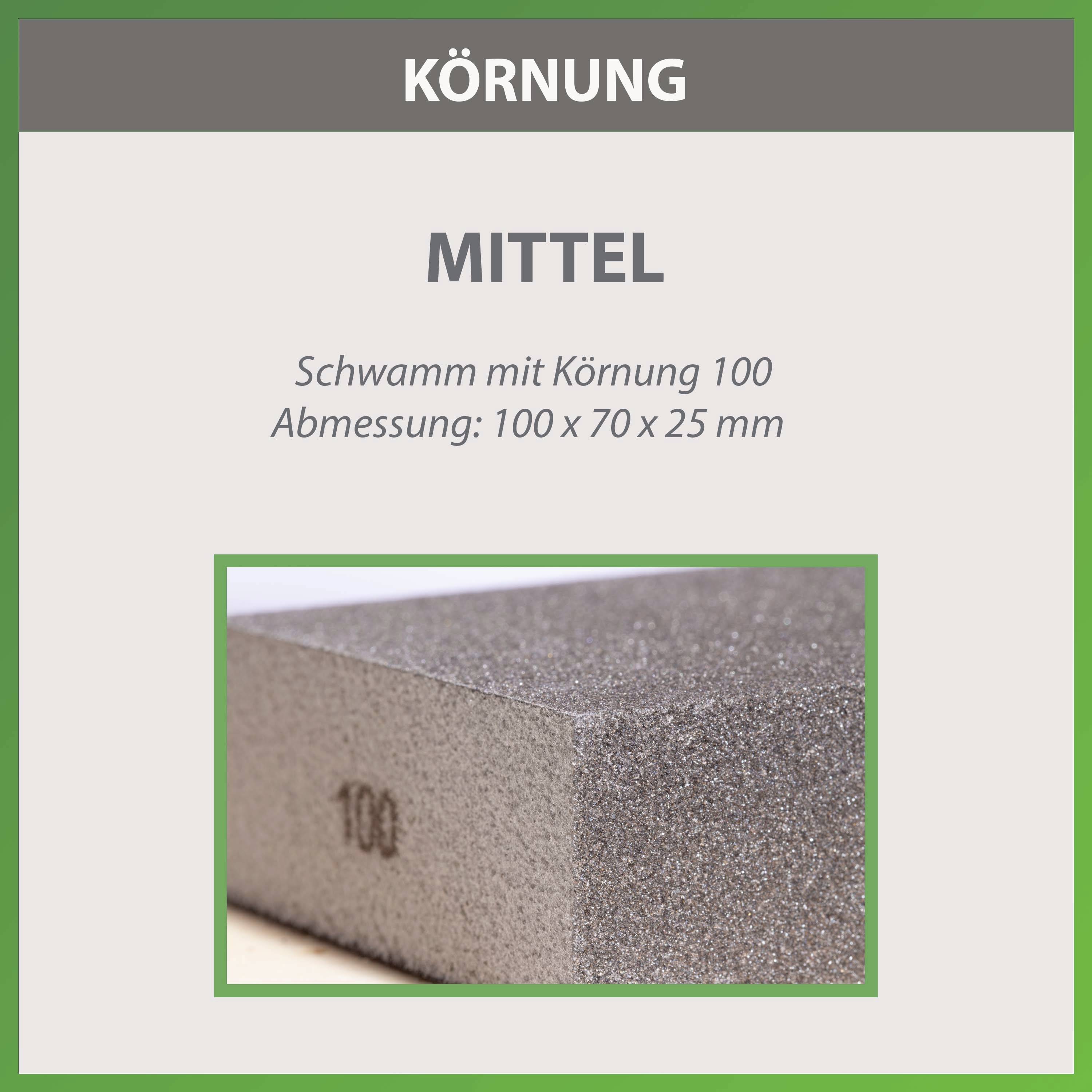 'KÖRNUNG: MITTEL' - Schwamm mit Körnung 100, Abmessung: 100 x 70 x 25 mm.