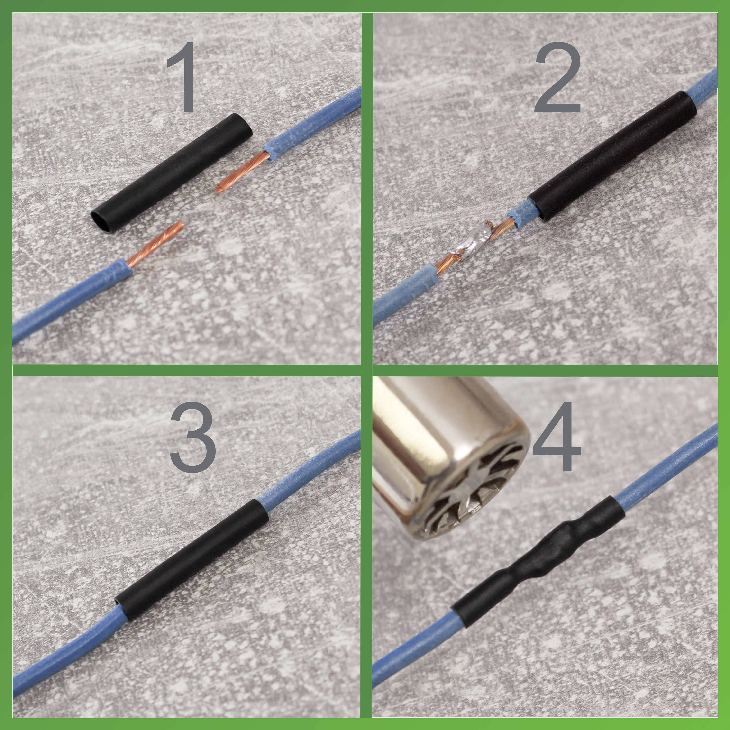 Vier Schritte zur Kabelverbindung: 1. Kabel abisolieren. 2. Kabel zusammenführen. 3. Schrumpfschlauch aufschieben. 4. Schrumpfschlauch erhitzen.