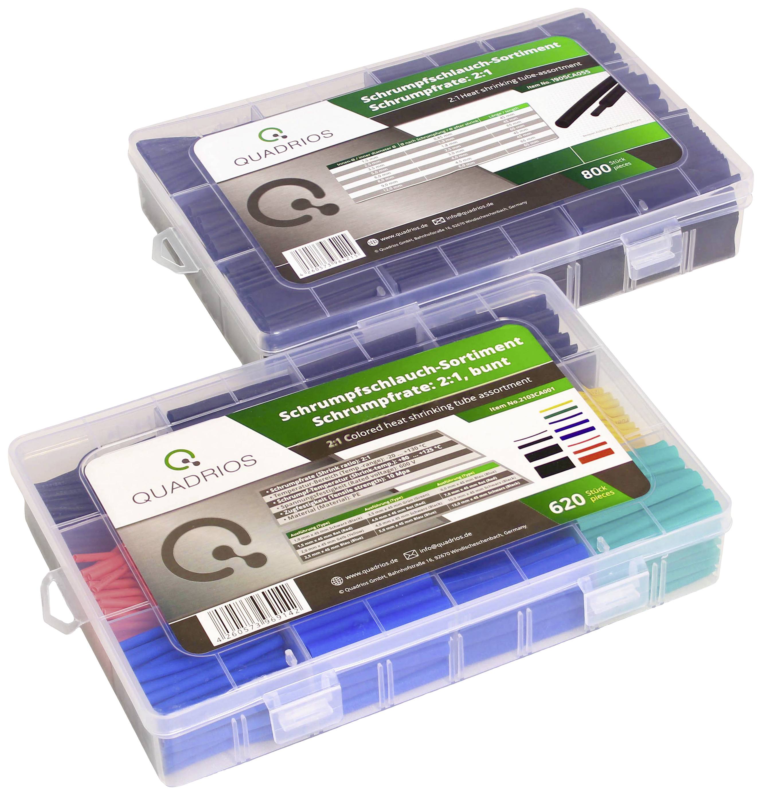 Zwei Kunststoffboxen mit Schrumpfschläuchen in verschiedenen Farben und Größen von der Marke Quadrios.