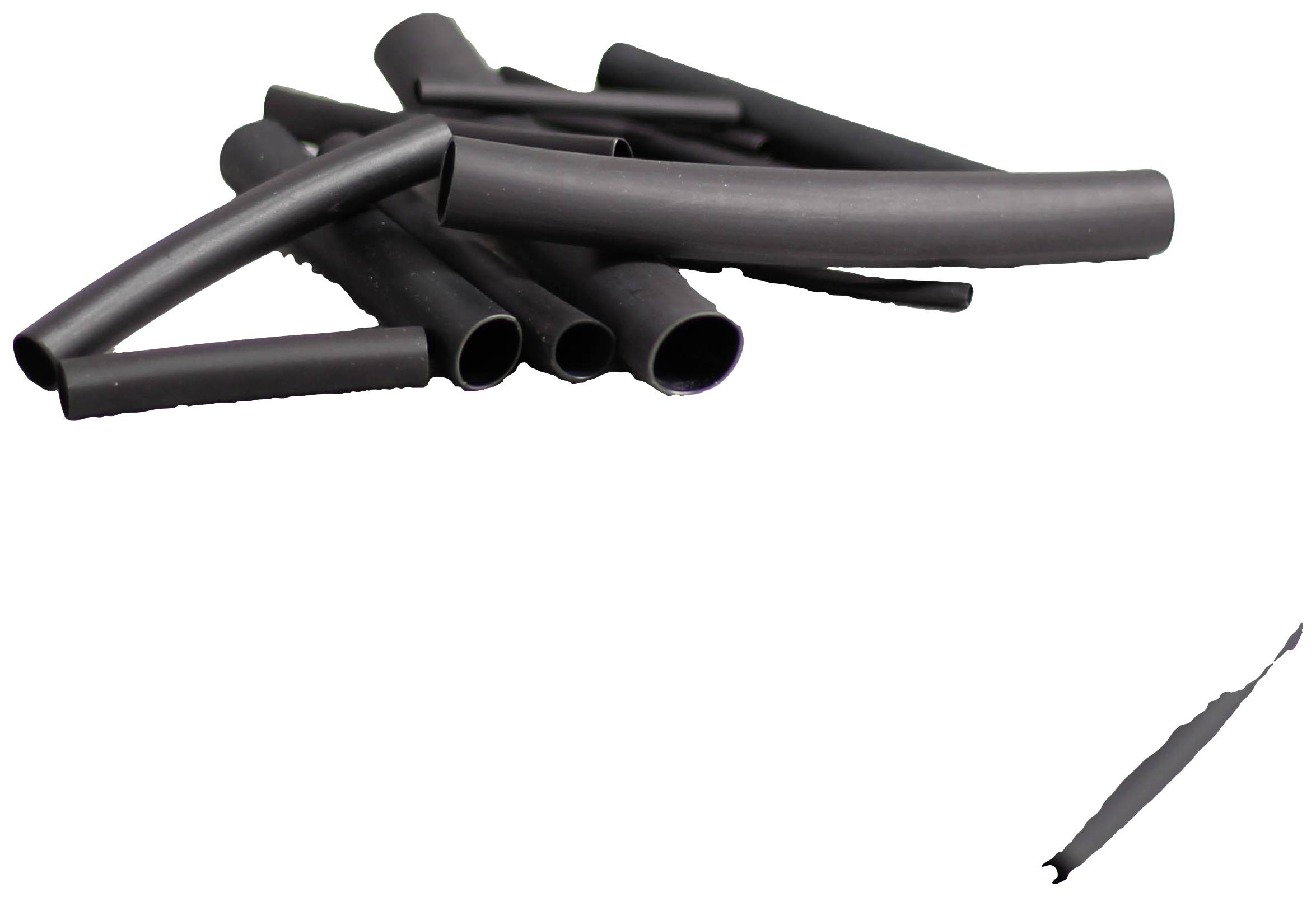 Schwarzfarbene Schrumpfschläuche in verschiedenen Größen liegen übereinander auf einem hellen Hintergrund.