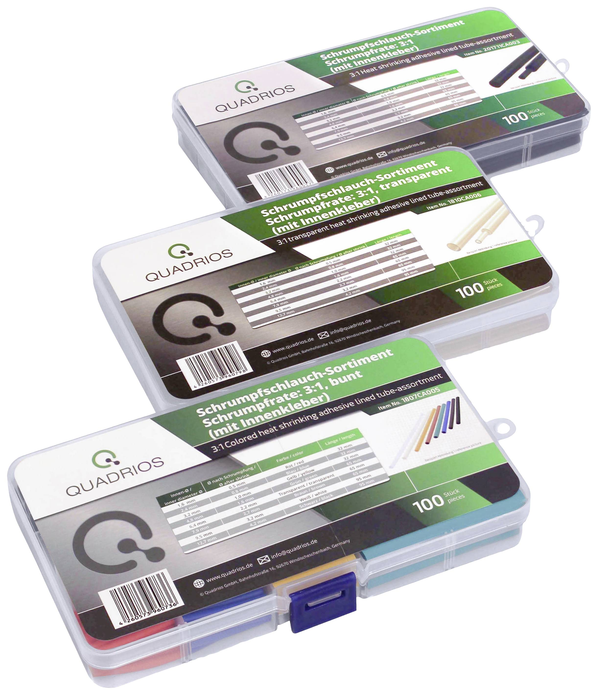 Drei Schachteln mit Schrumpfschläuchen von Quadrios, jeweils mit 100 Teilen: transparent, schwarz und bunt.