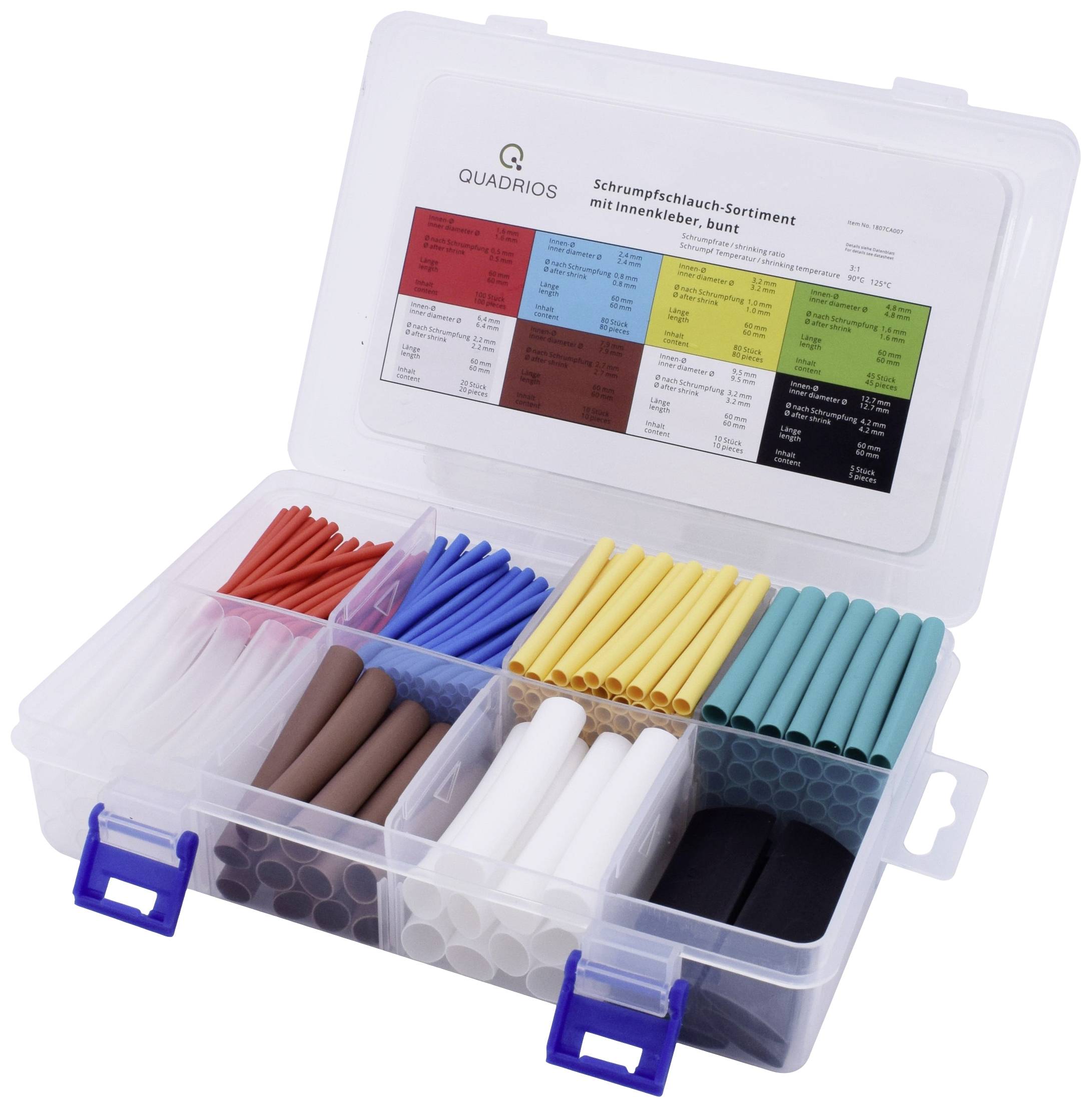 Aufbewahrungsbox mit verschiedenen bunten Schrumpfschläuchen und Beschriftungstabelle auf der Innenseite des Deckels.