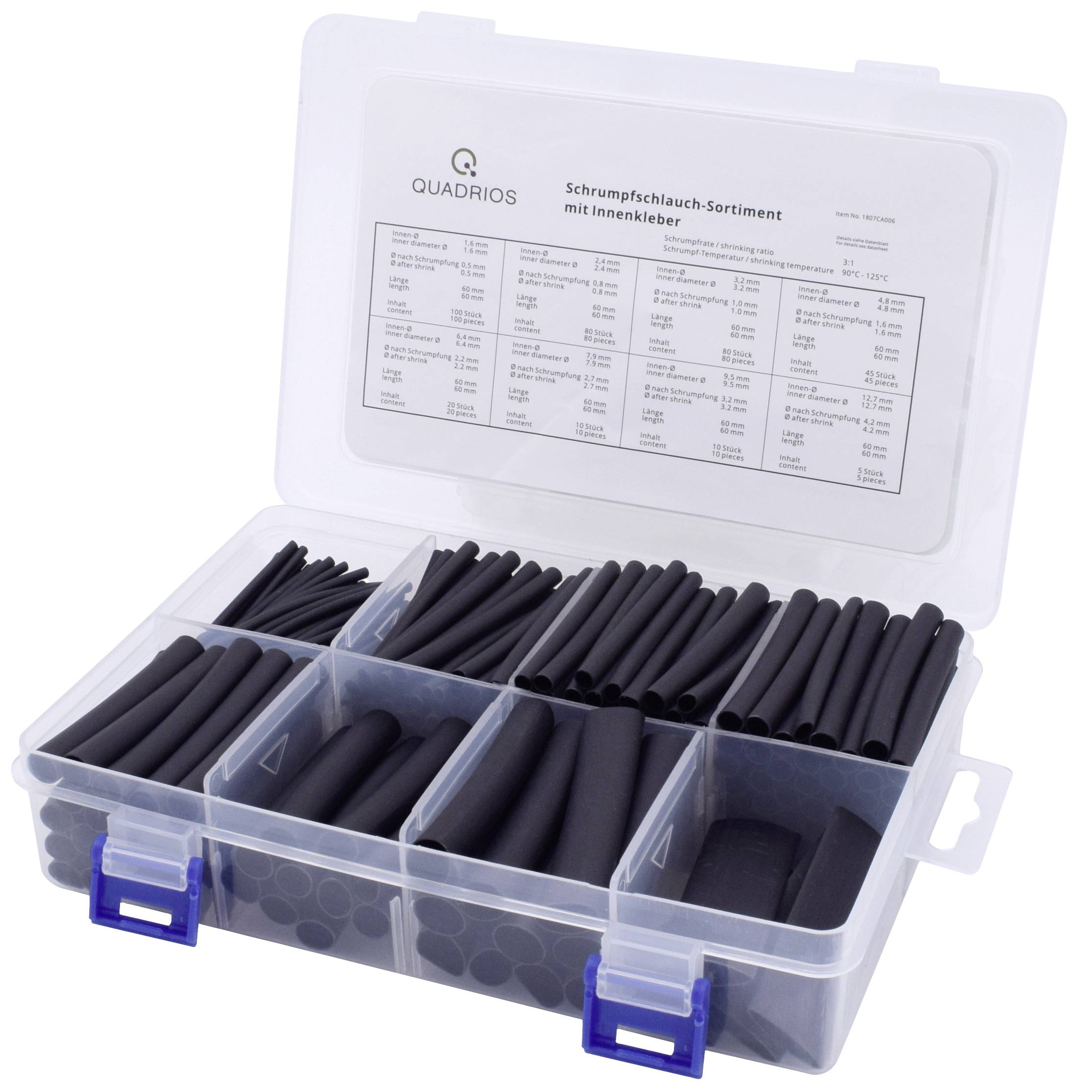 Sortiment Schrumpfschläuche in Plastikbox mit Fächern, Etikett beschreibt enthaltene Größen. Geeignet für Kabelverbindungen.