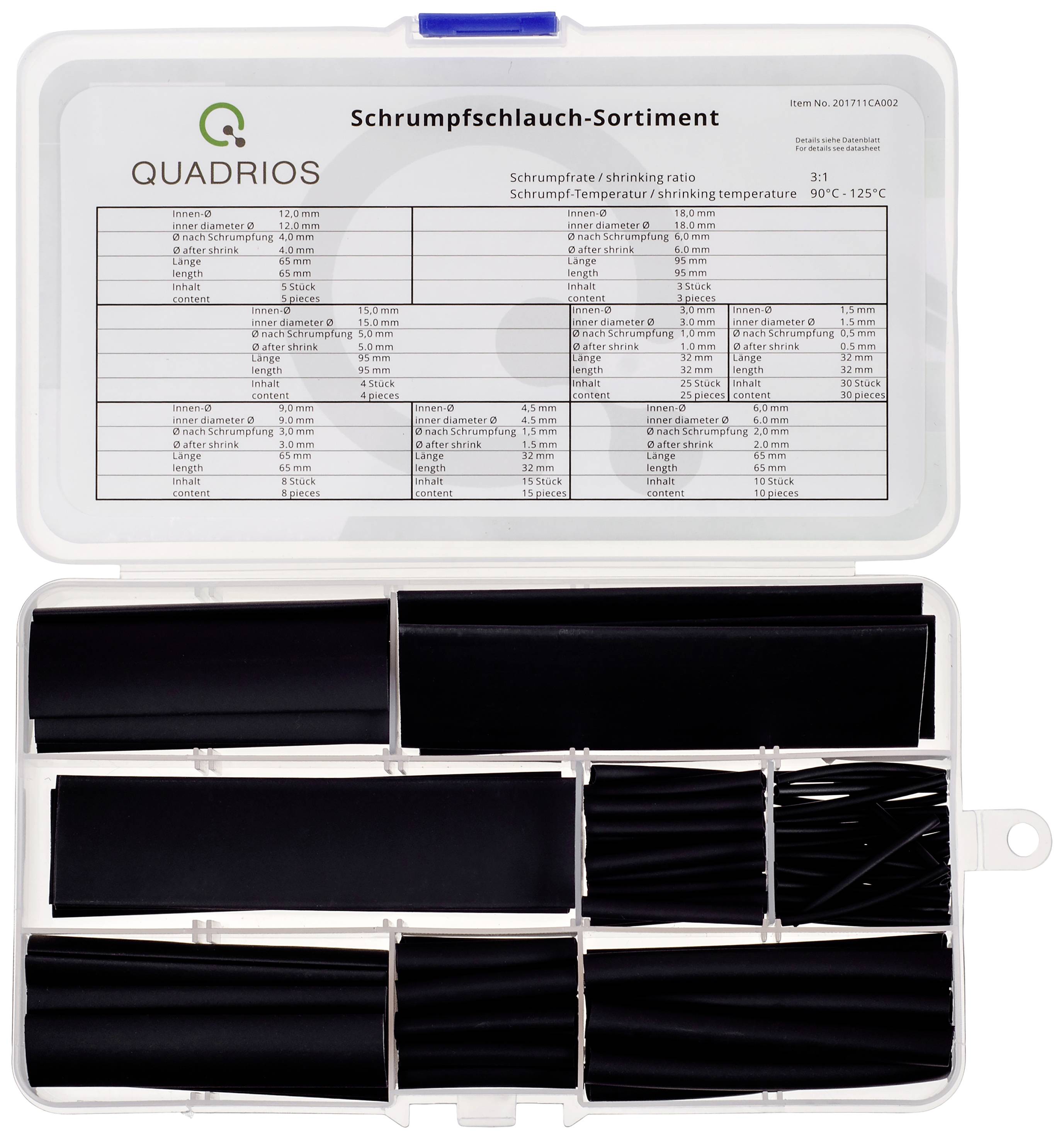 Transparente Plastikbox mit verschiedenen schwarzen Schrumpfschläuchen. Etikett zeigt Schrumpfrate und Temperaturbereich.