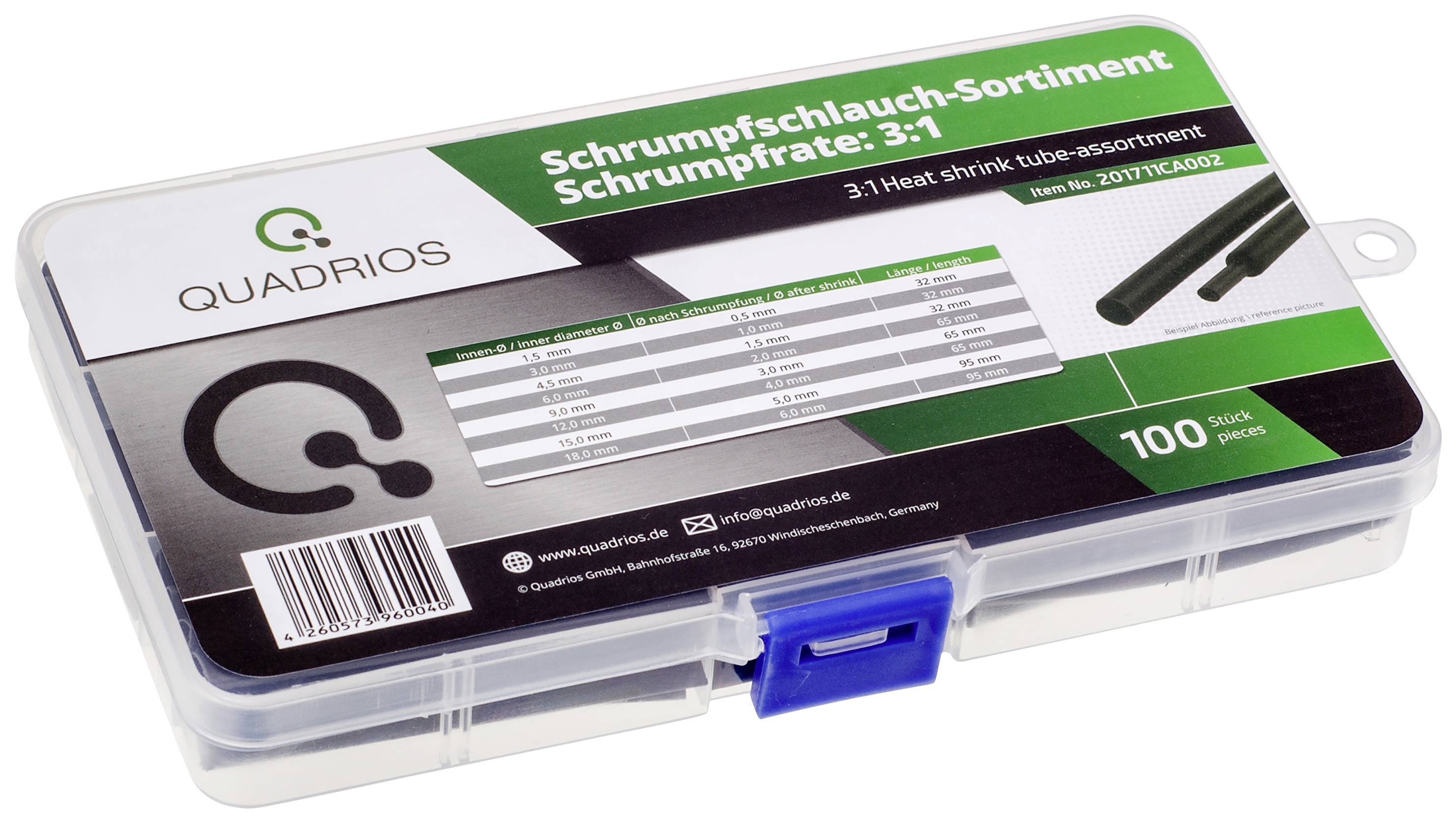 'Quadris Schrumpfschlauch-Sortiment 3:1' in einer transparenten Box mit blauem Verschluss. Enthält 100 Stück verschiedener Größen.