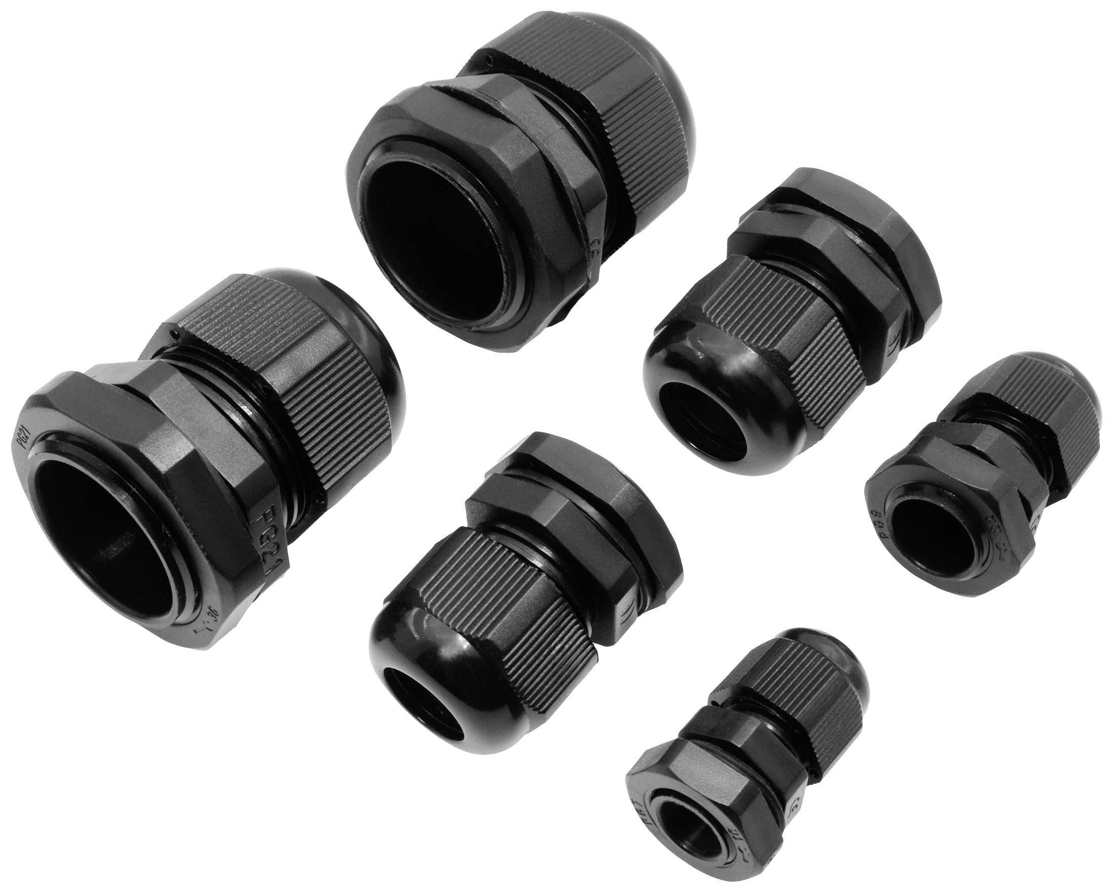 Sechs schwarze Kabelverschraubungen in verschiedenen Größen sind in zwei Gruppen auf weißem Hintergrund angeordnet.