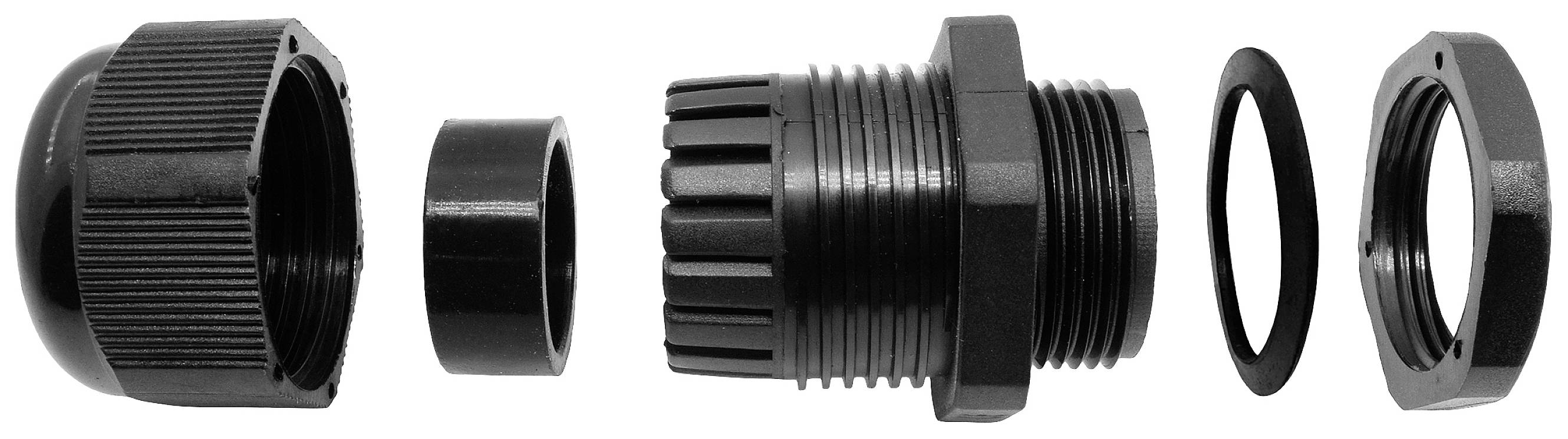 Explodierte Ansicht eines schwarzen Kabeldurchführungsverschraubungssatzes, bestehend aus mehreren Teilen, die zeigen, wie sie zusammenpassen.