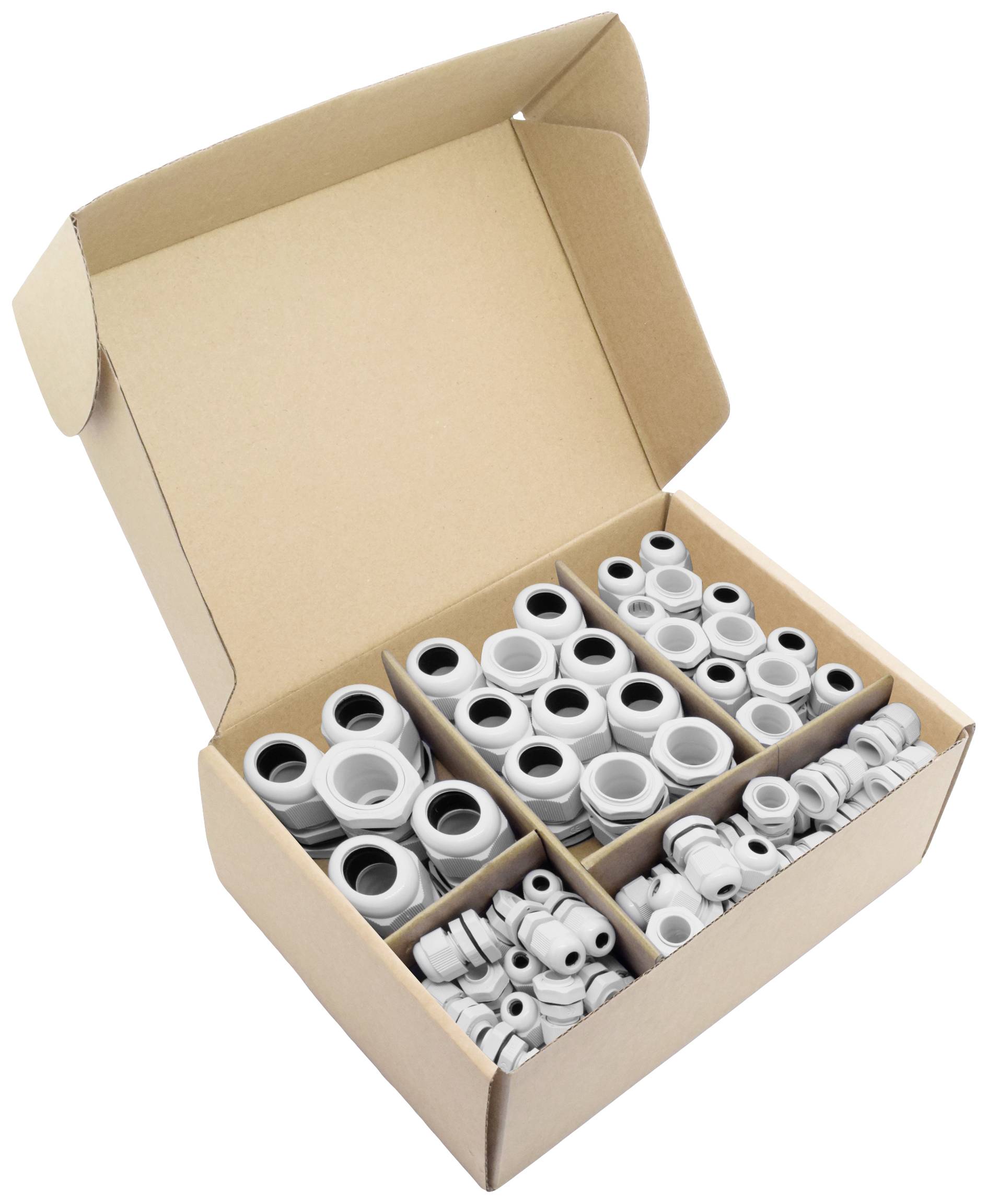 Eine geöffnete Pappschachtel mit vier Fächern voller weißer Kunststoffadapter und Verbindungsstücke verschiedener Größen.