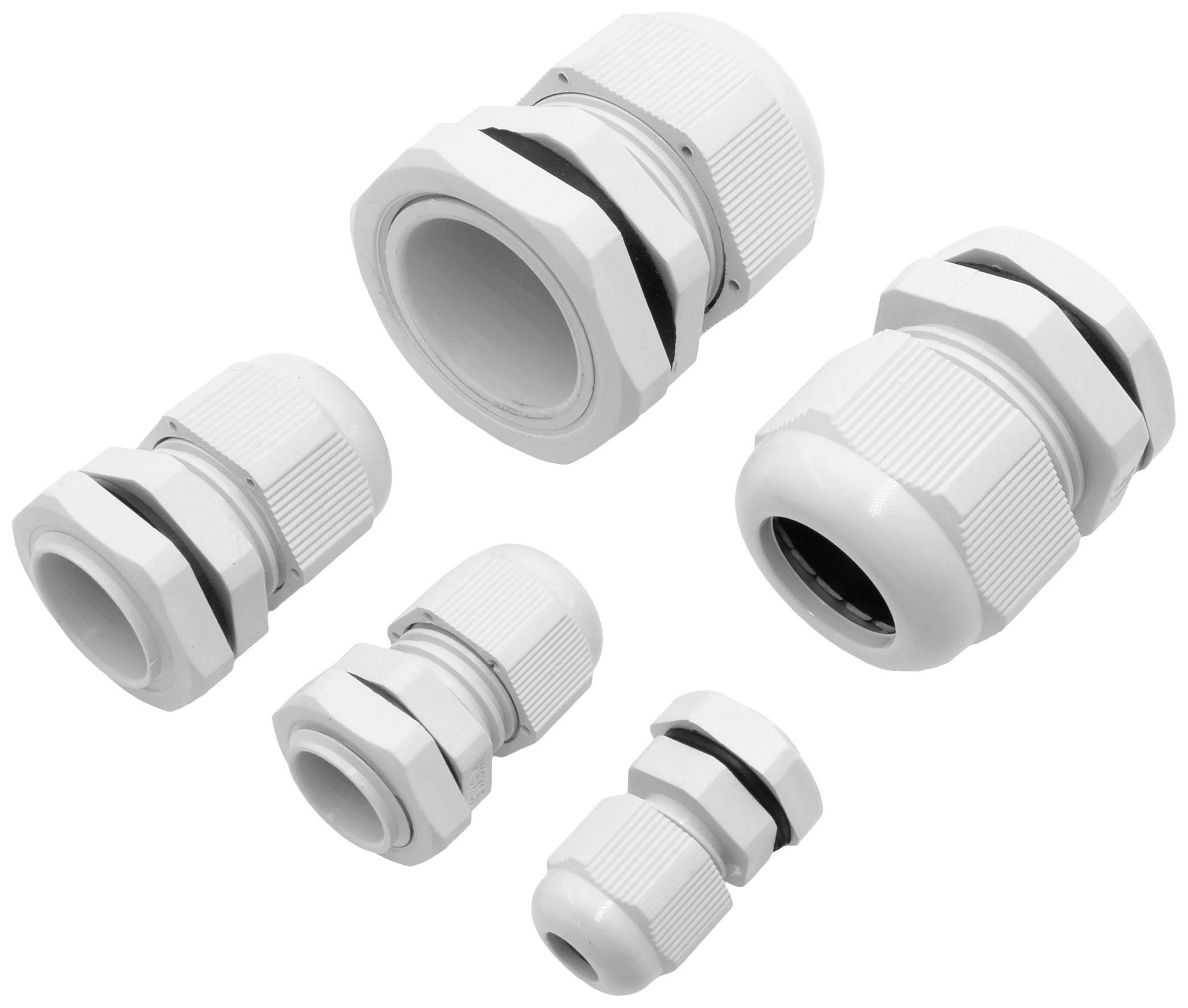 Mehrere weiße Kabeldurchführungen in verschiedenen Größen auf weißem Hintergrund. Sie sind für den Kabelschutz konzipiert.