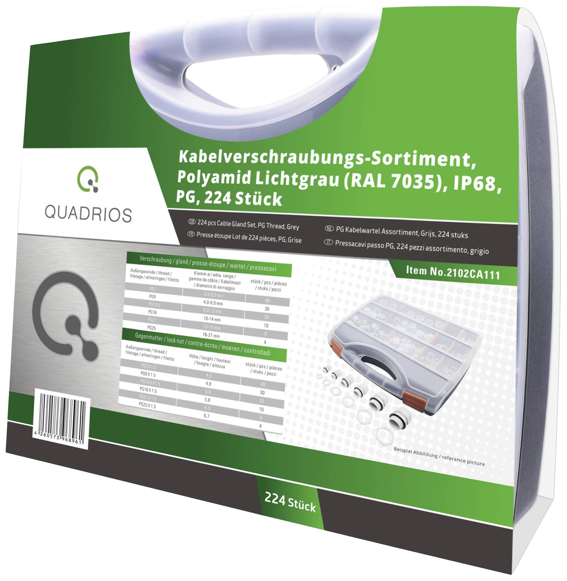 Kabelverschraubungs-Set von Quadrios, 224 Stück, Polyamid in Lichtgrau, IP68, mit Tabelle der Größen und Anwendungsfoto auf der Verpackung.