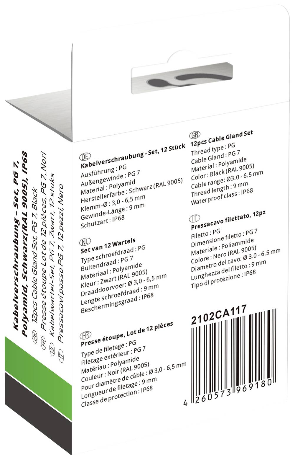 Kabelverschraubung Set PG7, 12 Stück: Material Polyamid, Farbe Grau (RAL 9005), Schutzart IP68.