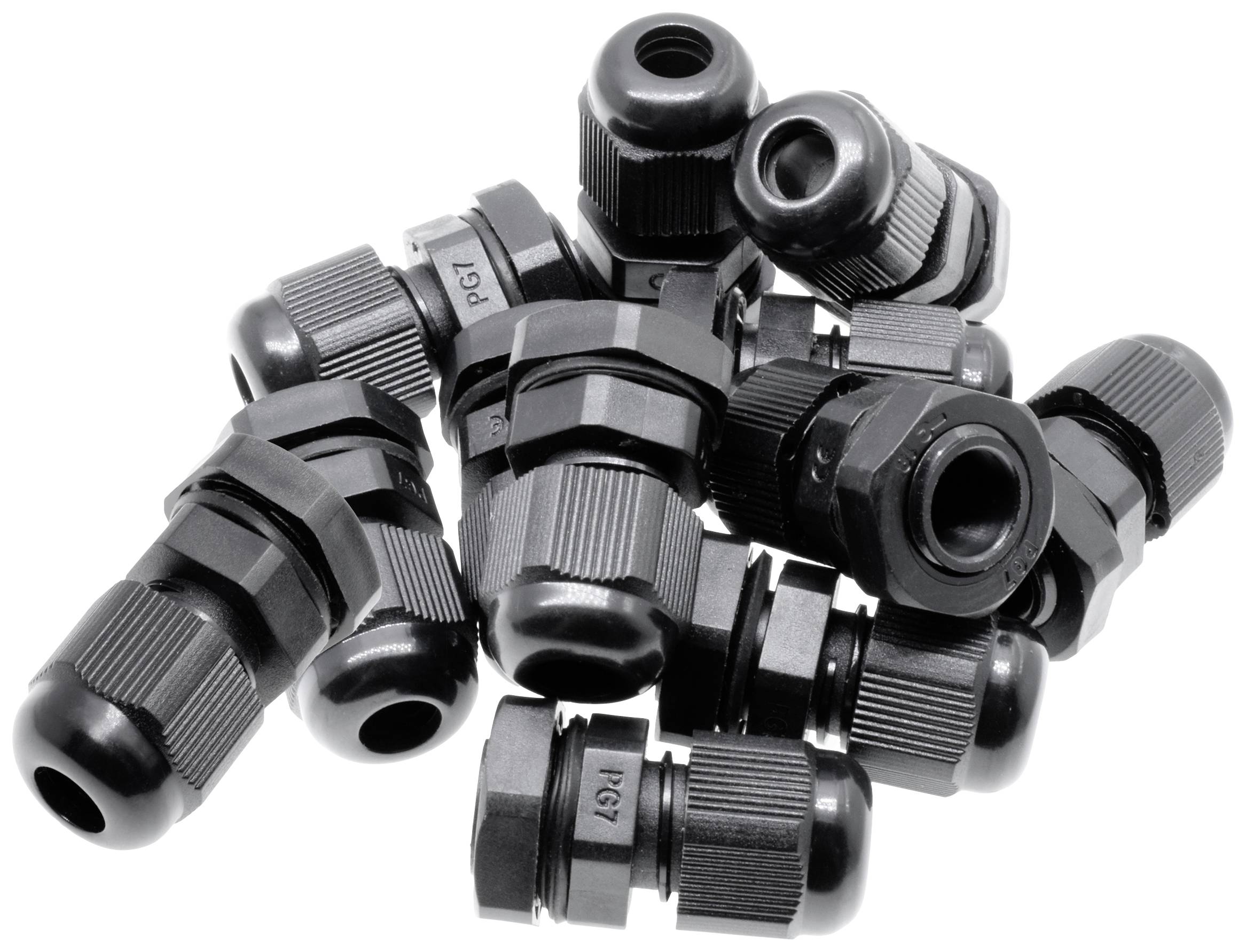Mehrere schwarze Kabelverschraubungen aus Kunststoff liegen lose aufeinander. Sie haben geriffelte Griffe und sind für Kabelbefestigungen gedacht.
