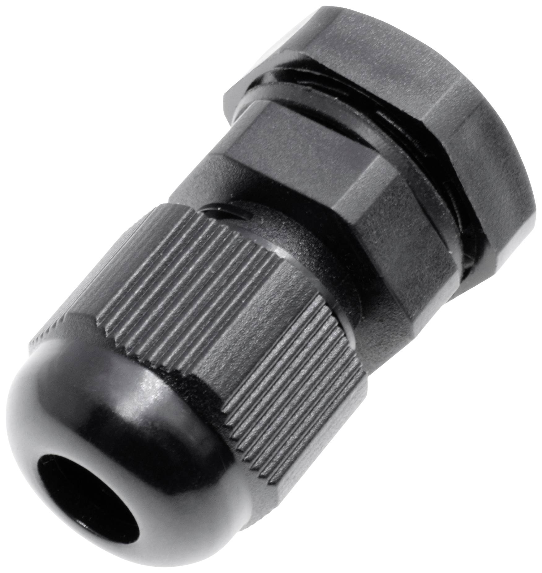 Ein schwarzer Kabelverschraubungskopf mit geriffelter Oberfläche und Gewinde, zum Fixieren und Schutz von Kabeln in elektrischen Geräten.