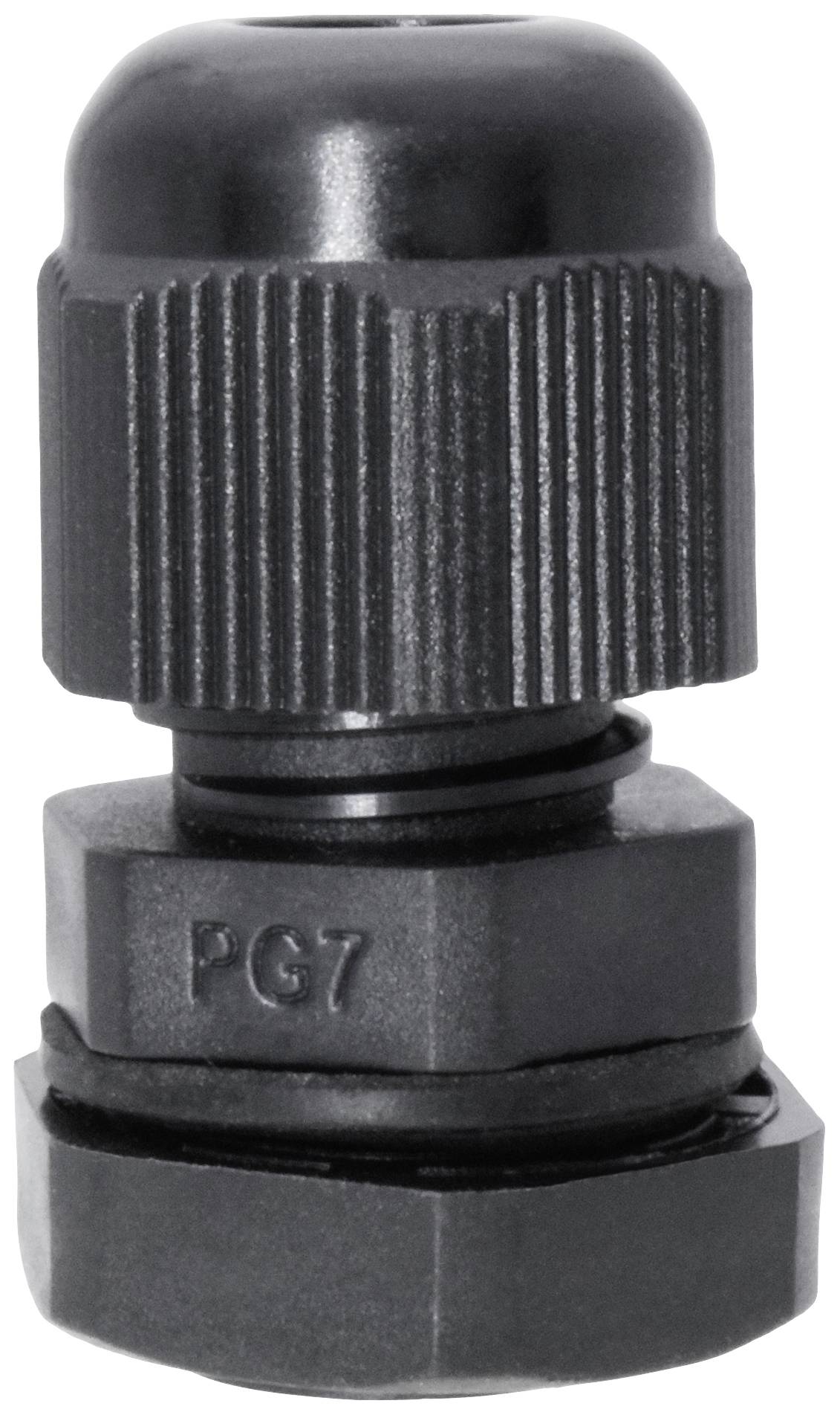 Ein schwarzer Kabelverschraubungstyp PG7, verwendet zum Befestigen und Abdichten von Kabeln in elektrischen Gehäusen.
