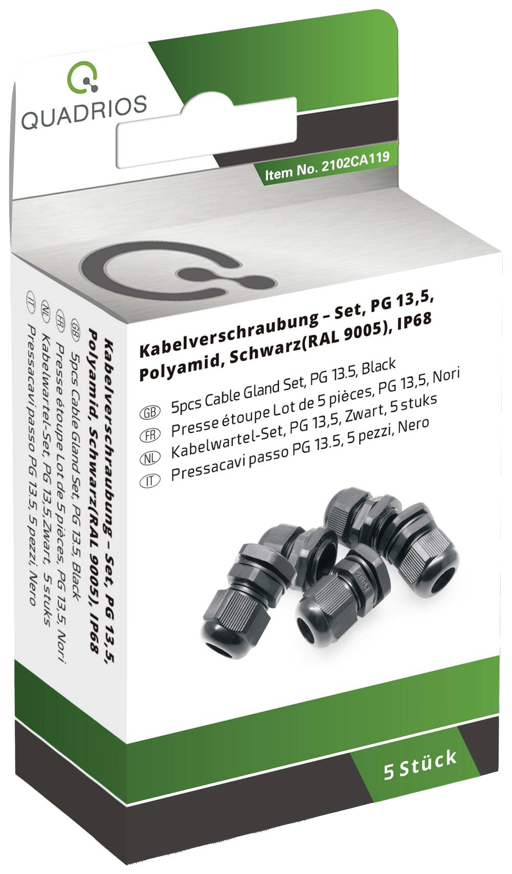 'Kabelverschraubung - Set, PG 13,5, Polyamid, Schwarz (RAL 9005), IP68, 5 Stück.' Bild der Verpackung mit Kabelverschraubungen.