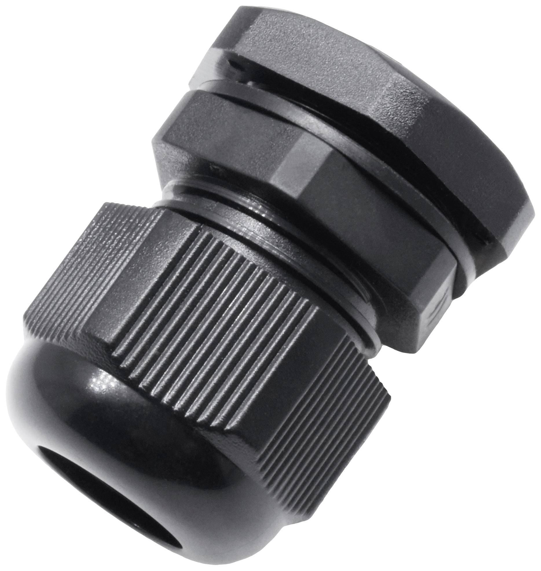 Eine schwarze Kabelverschraubung, schräg von der Seite betrachtet, zeigt Details der Struktur und Textur des Kunststoffmaterials.