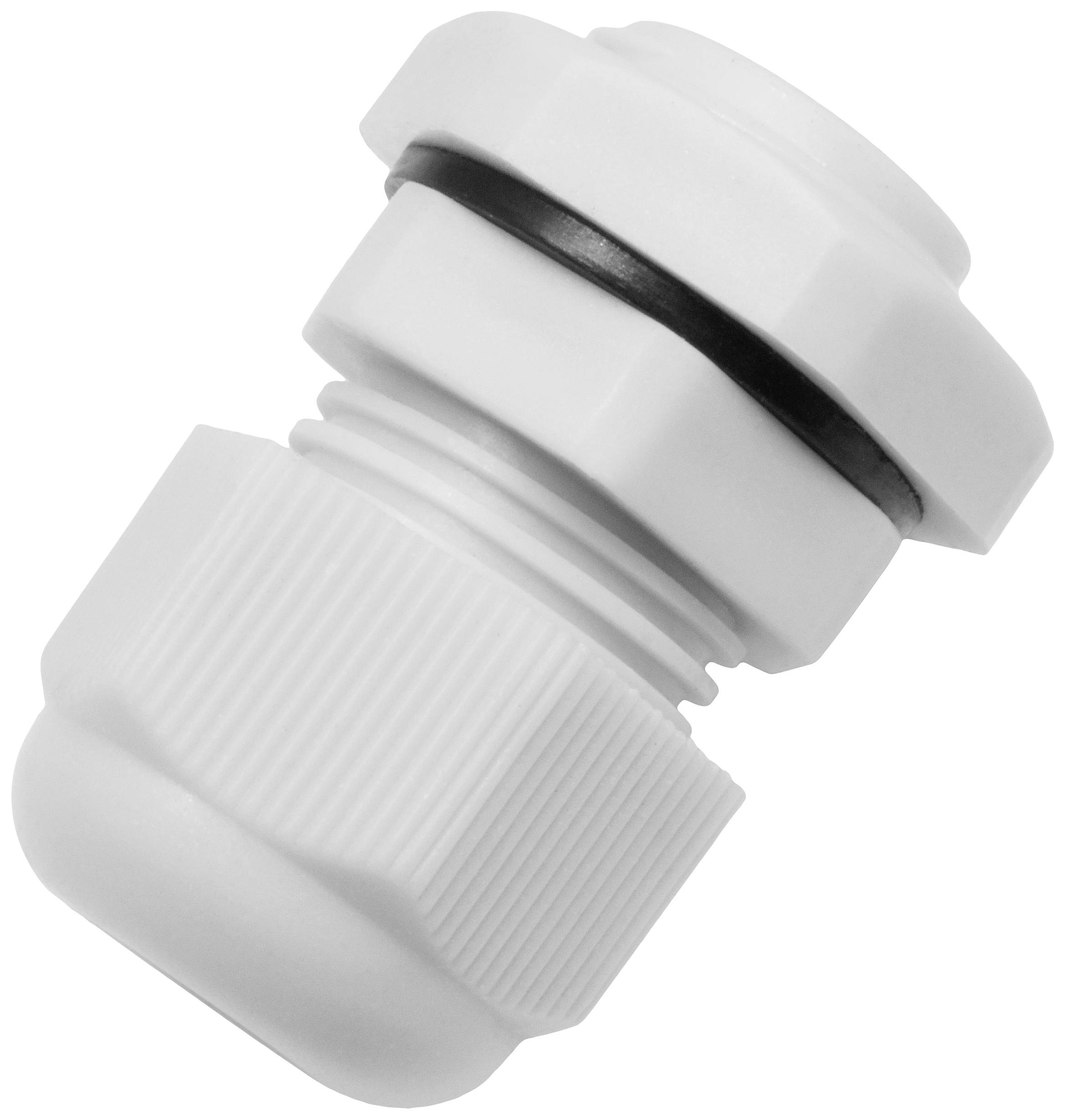 Ein weißes Kabelverschraubungsstück aus Kunststoff mit geriffeltem Griff und schwarzem Dichtring, schräg von der Seite fotografiert.