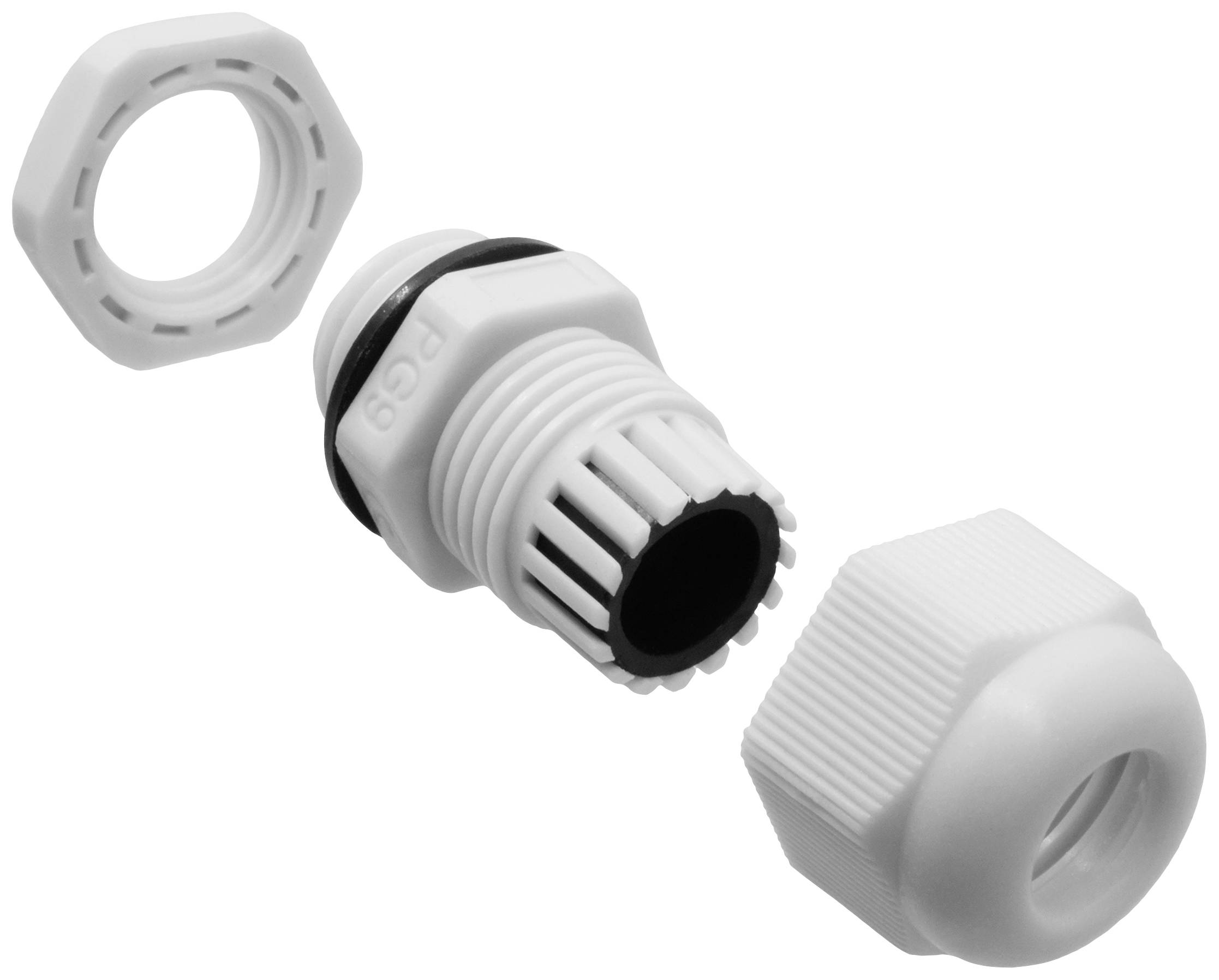 Abbildung eines weißen Kabelverschraubungs-Kits, bestehend aus einer Mutter, einer Dichtung und dem Hauptteil, die getrennt dargestellt sind.
