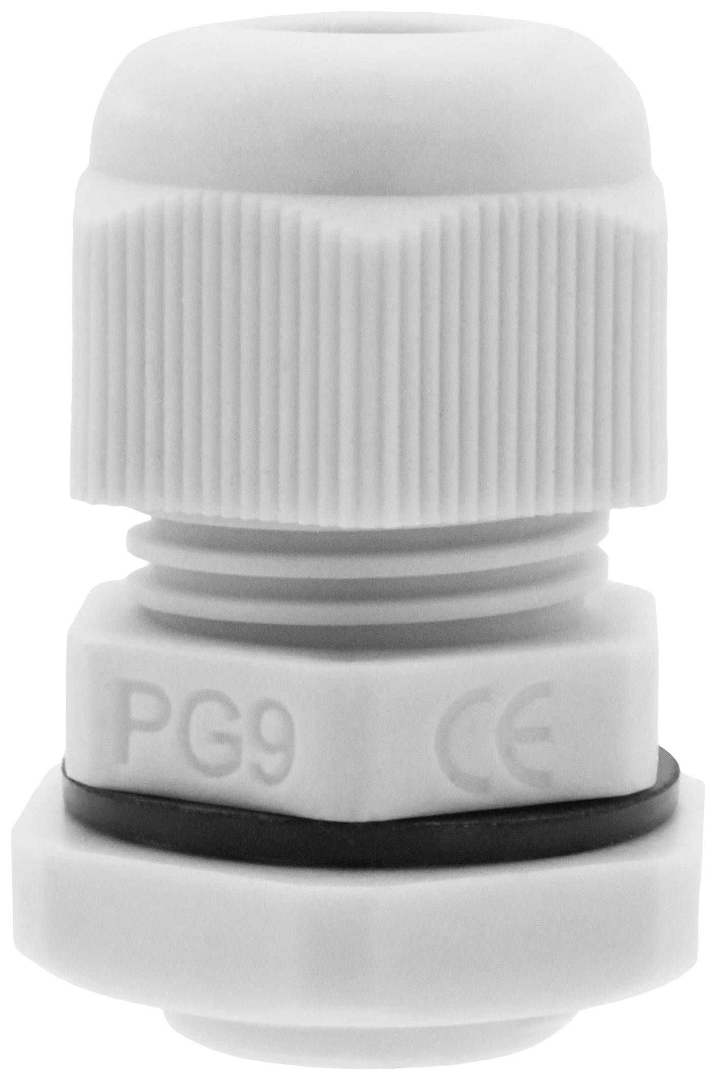 Ein weißer Kabelverschraubung für PG9-Anschluss mit CE-Kennzeichnung, zeigt eine geriffelte Oberfläche für besseren Halt.