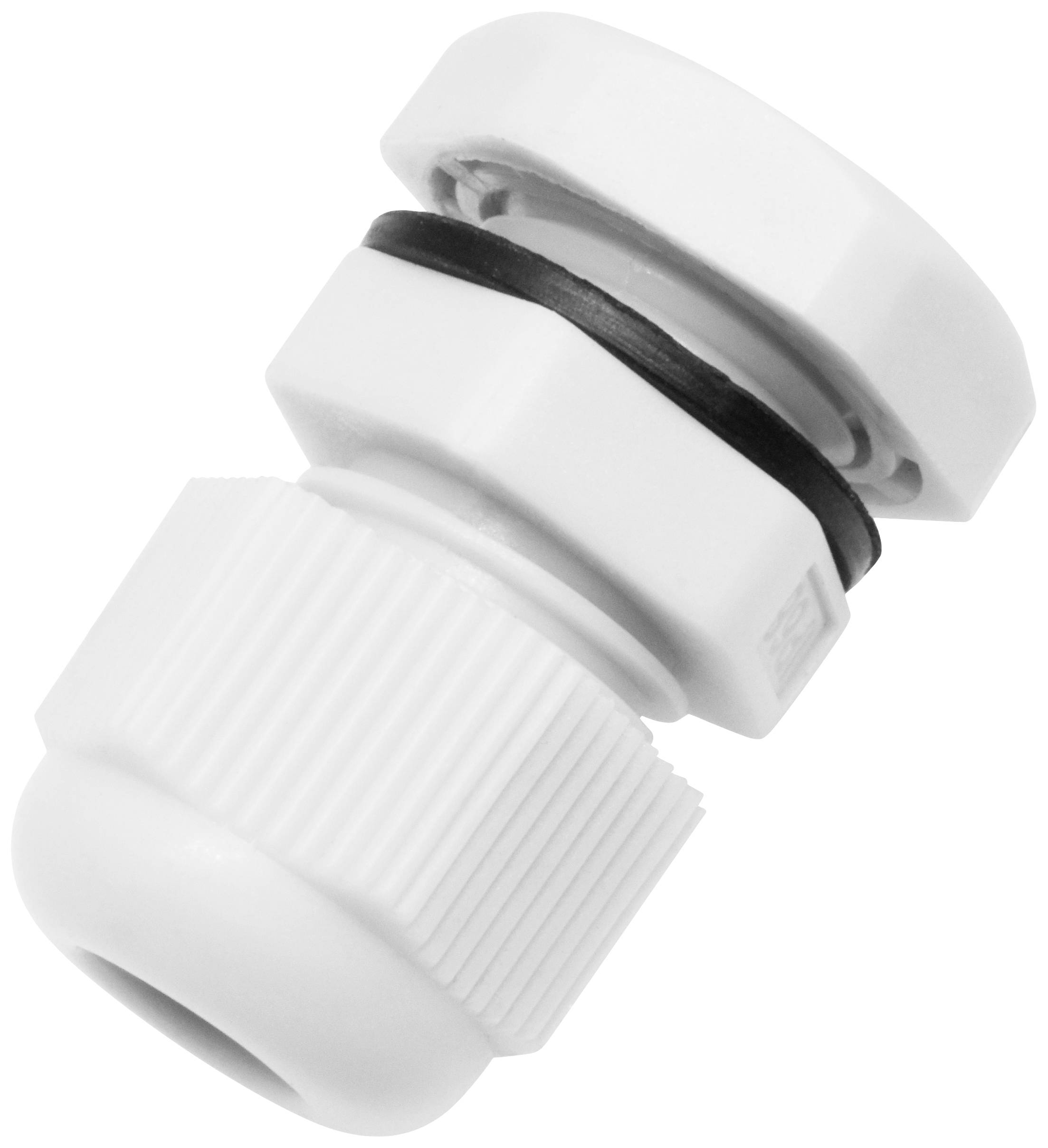 Ein weißer Kabelverschraubung mit geripptem Gehäuse und schwarzem Dichtring, ermöglicht das Einführen und Abdichten von Kabeln in Gehäusen.