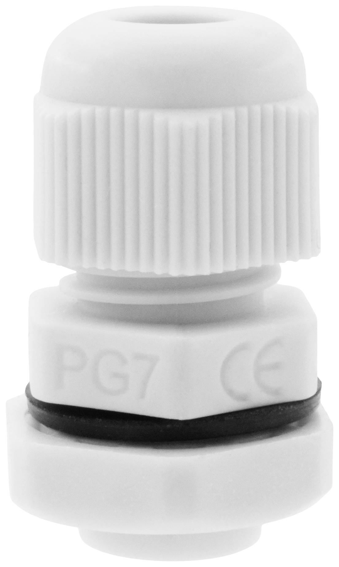 Weiße Kabelverschraubung aus Kunststoff, PG7-Größe, mit geriffeltem Kopf und Dichtung. Geeignet für Kabelsicherungen in Geräten oder Gehäusen.