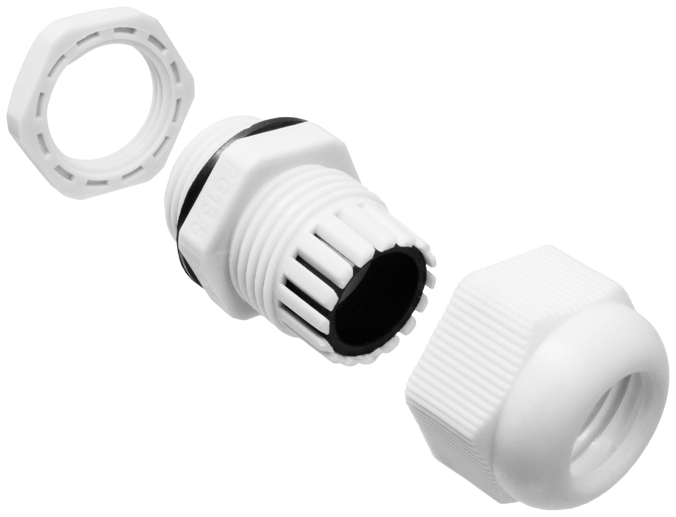 Kabelverschraubung aus Kunststoff, bestehend aus Mutter, Dichtung und Verschraubung, zur sicheren Kabelbefestigung in einem Gerät.