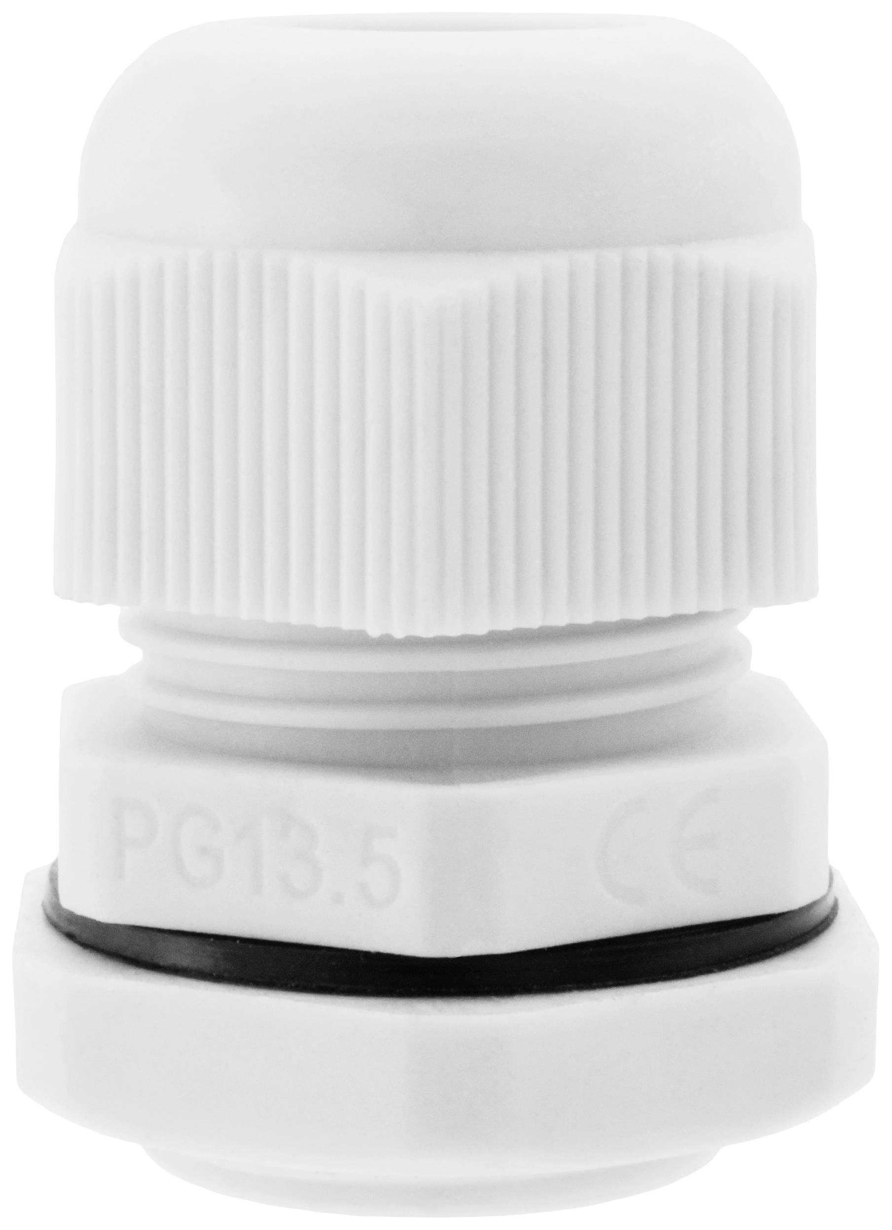 Ein weißer Kabelverschraubungskopf aus Kunststoff mit gerippter Oberfläche und Beschriftung 'PG13.5' und 'CE'. Geeignet für Kabeldurchführungen.