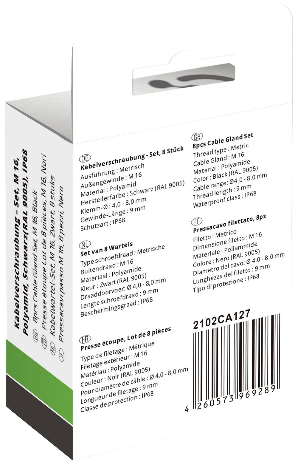 Kabelverschraubung-Set, M16, 8 Stück. Material: Polyamid. Farbe: Schwarz. Schutzart: IP68.