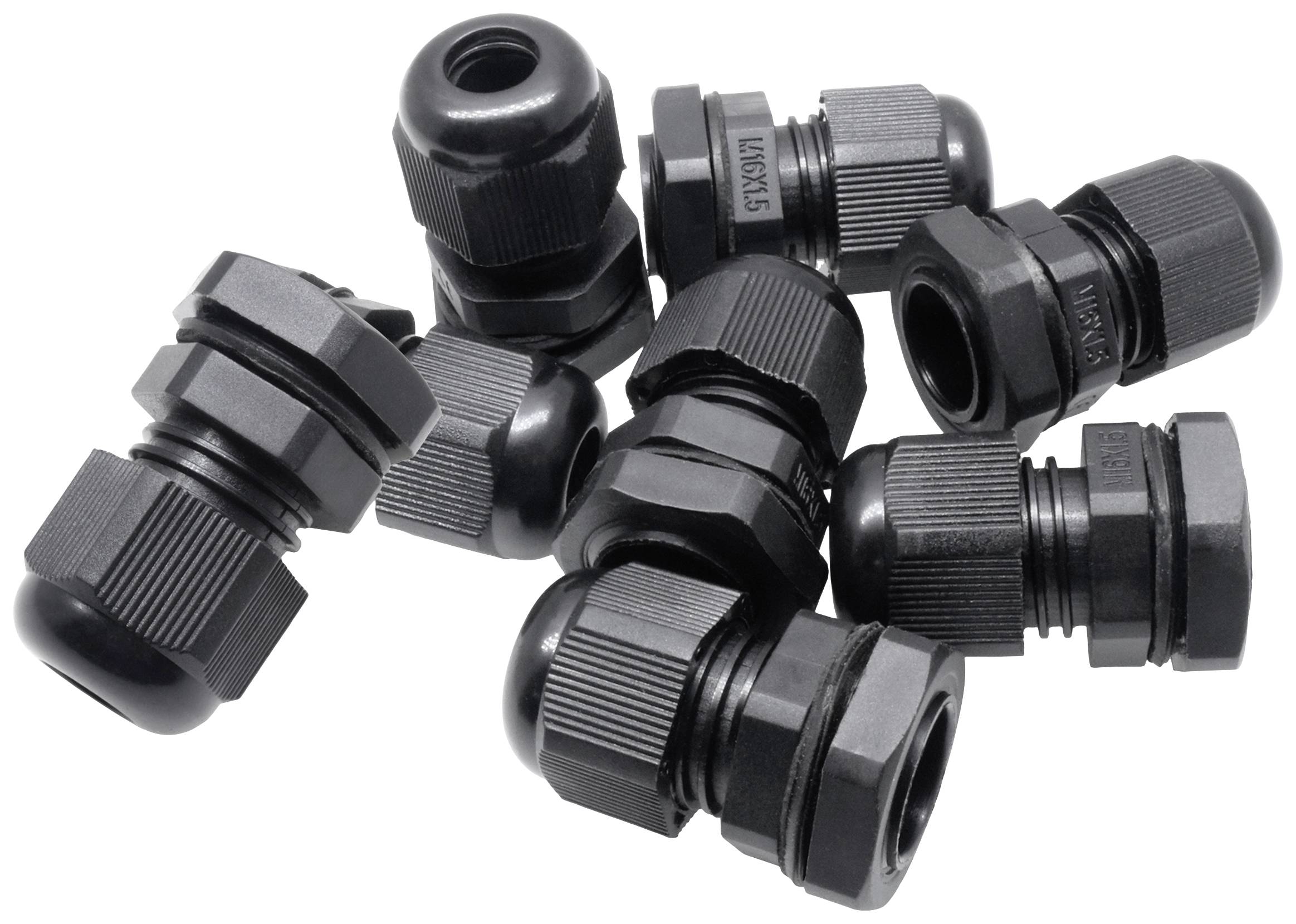 Mehrere schwarze Kabelverschraubungen aus Kunststoff liegen in einem Haufen. Sie haben unterschiedliche Größen und Gewinde.