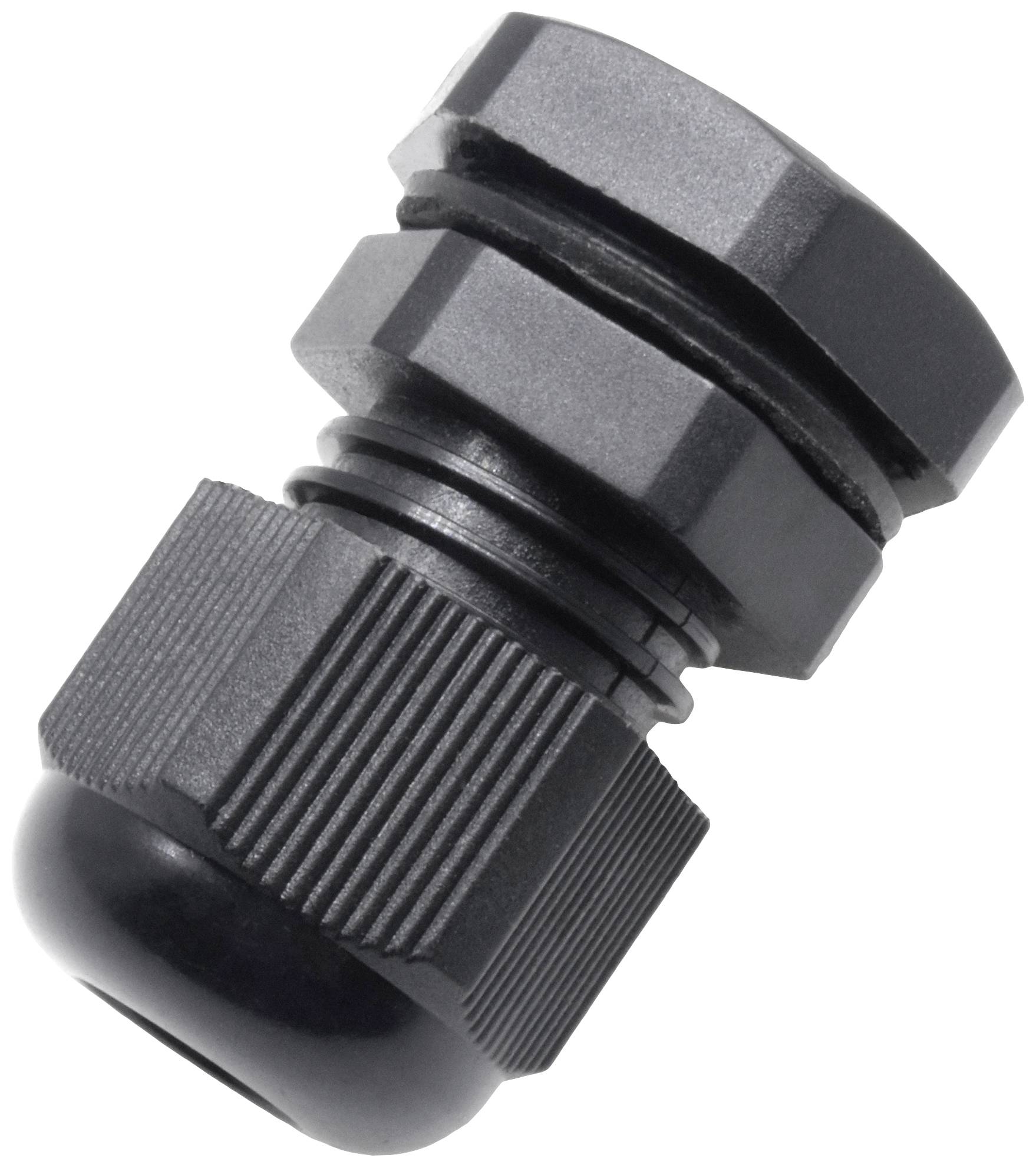 Schwarze Kabelverschraubung aus Kunststoff mit gerippter Oberfläche, geeignet zur sicheren Durchführung von Kabeln durch Gehäuseteile.