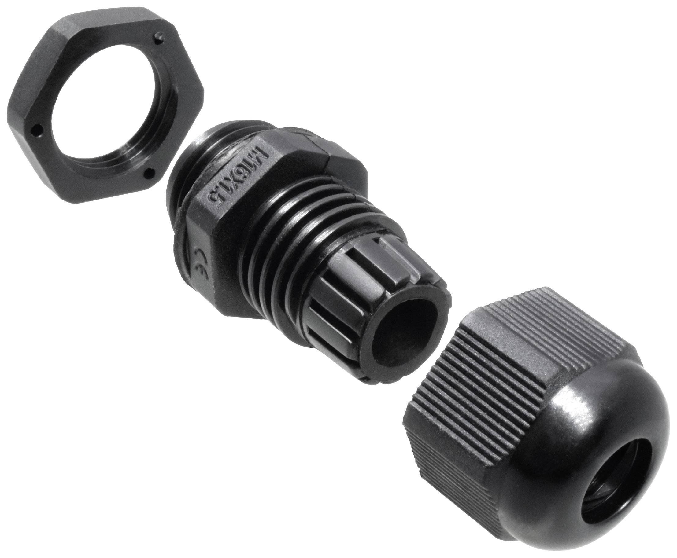 Ein schwarzer Kabelverschraubungssatz, bestehend aus mehreren plastischen Gewinde- und Dichtungselementen, zur Kabeldurchführung.