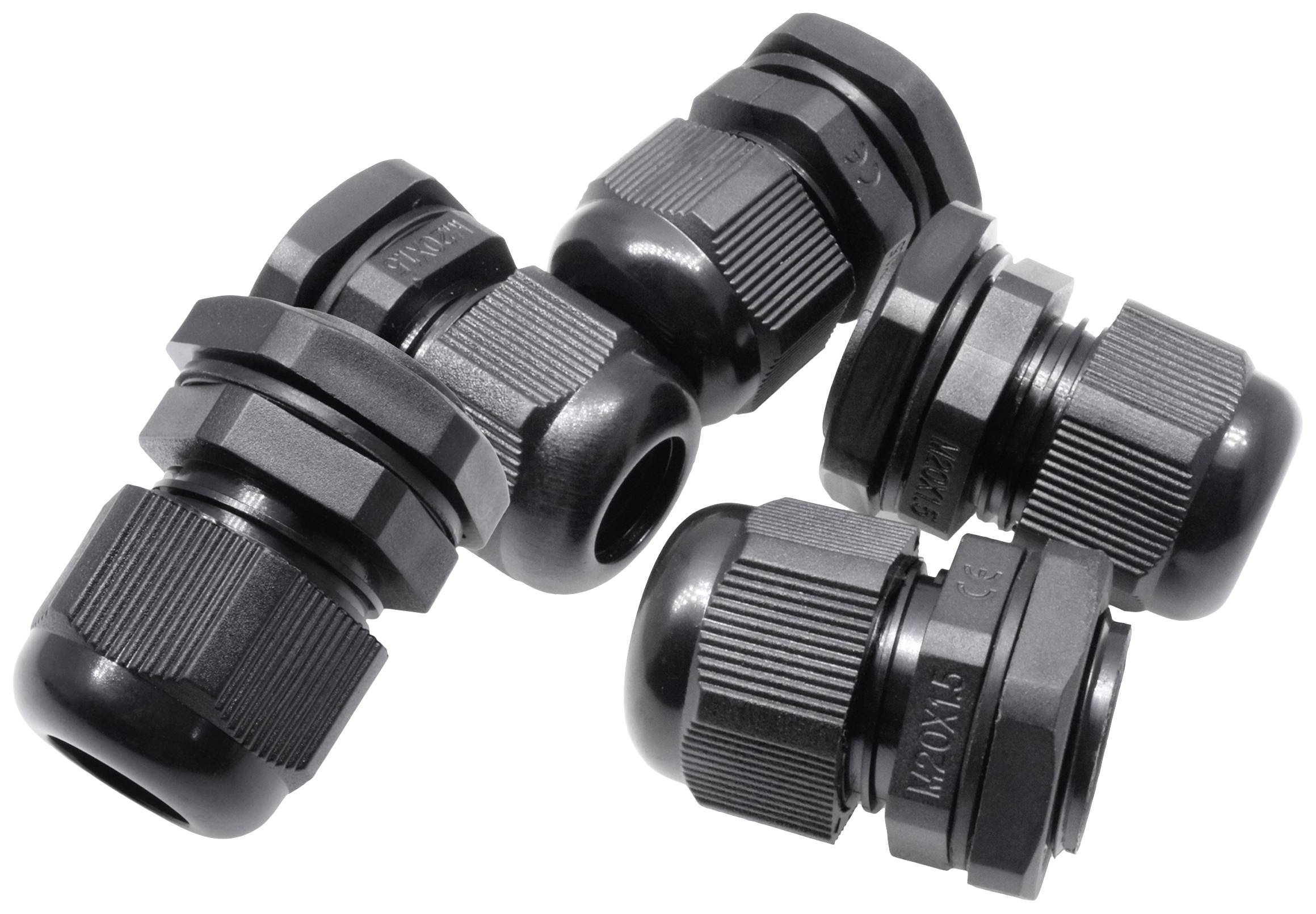 Vier schwarze Kabelverschraubungen aus Kunststoff liegen nebeneinander. Sie dienen zur Abdichtung und Zugentlastung von Kabeln.