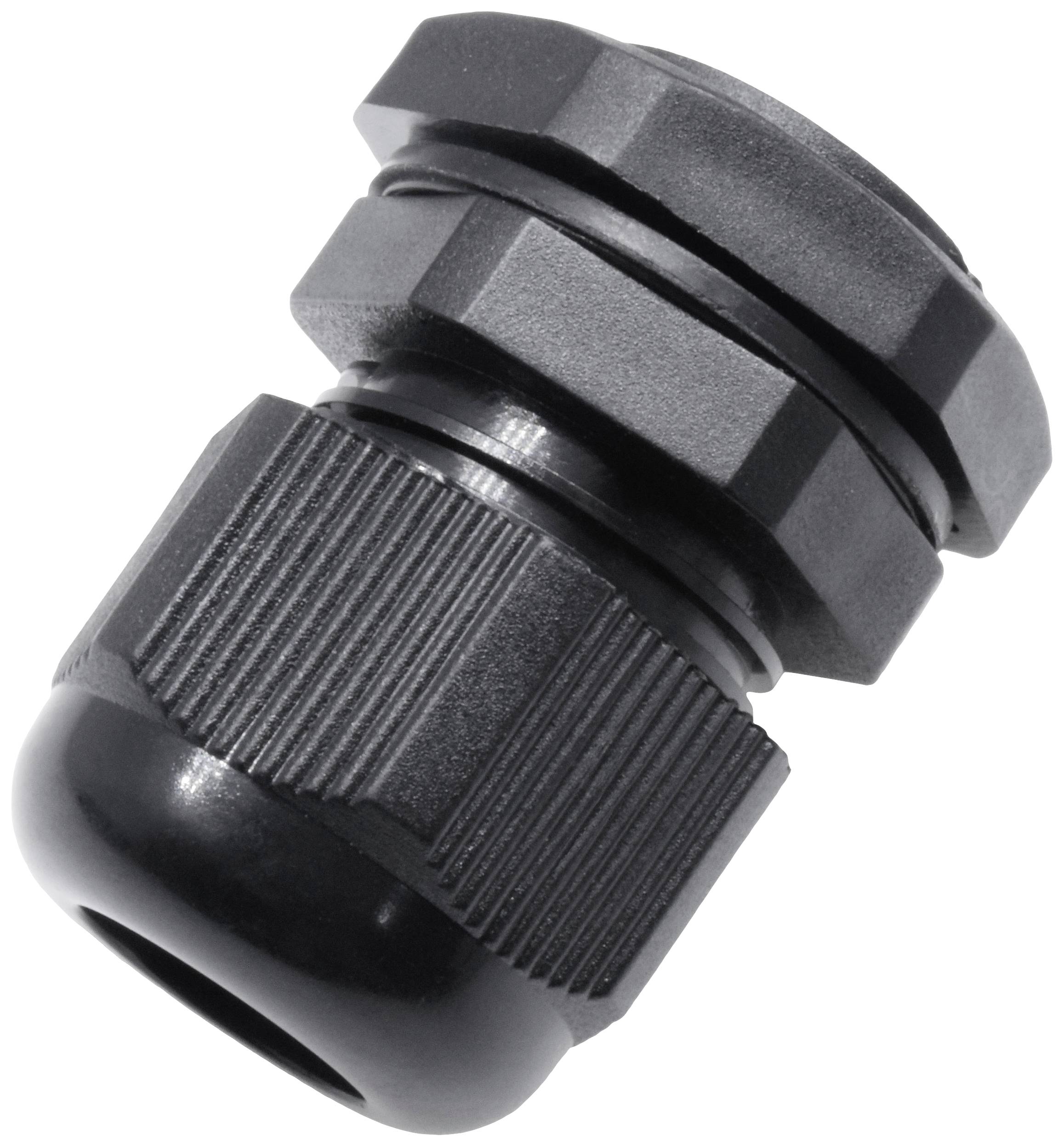 Schwarze Kabelverschraubung aus Kunststoff, zylindrische Form, zur Abdichtung und Schutz von Kabeln bei Elektroinstallationen.