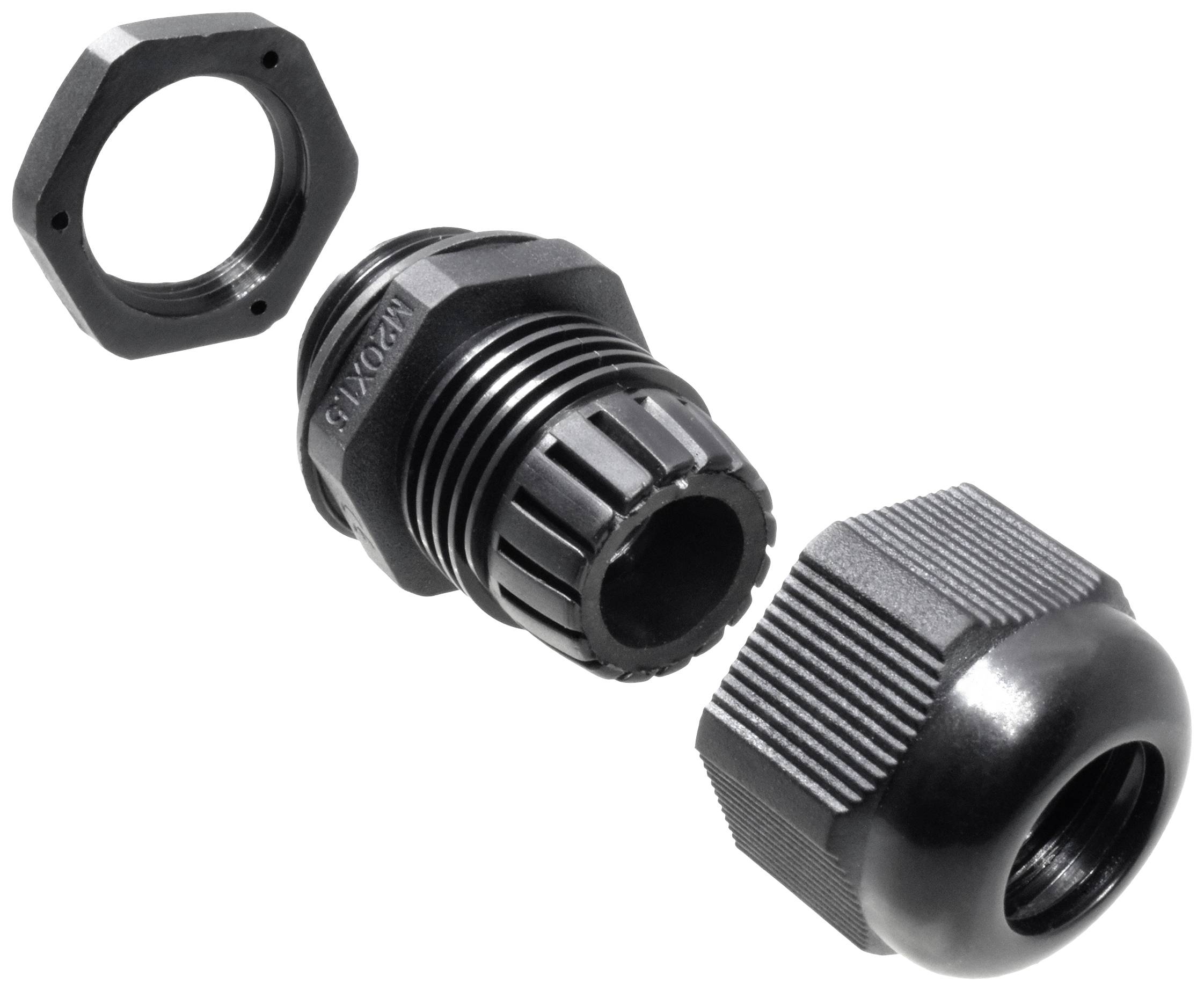 Kabelverschraubung, bestehend aus Dichtring, Gewindekörper und Mutter, in schwarzem Kunststoff, zur sicheren Kabelbefestigung.
