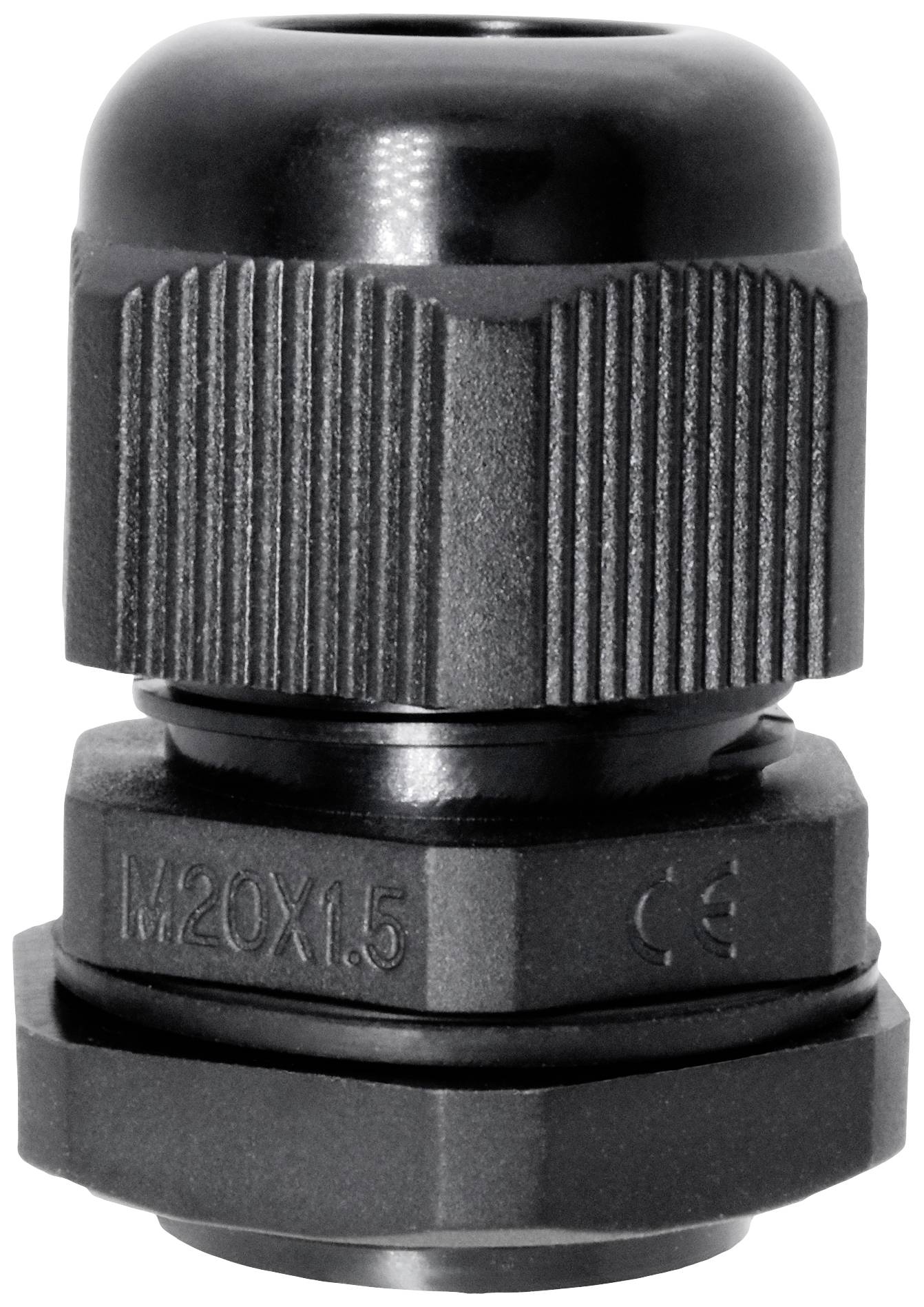 Schwarze Kabelverschraubung aus Kunststoff, zylindrische Form, mit Gewindegröße M20x1,5. Geeignet für Kabelmanagement.