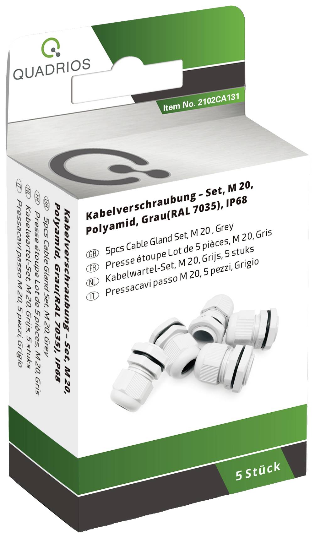 'Kabelverschraubung-Set, M 20, Polyamid, Grau (RAL 7035), IP68, 5 Stück.' Verpackung mit Logo und Produktabbildung auf der Vorderseite.