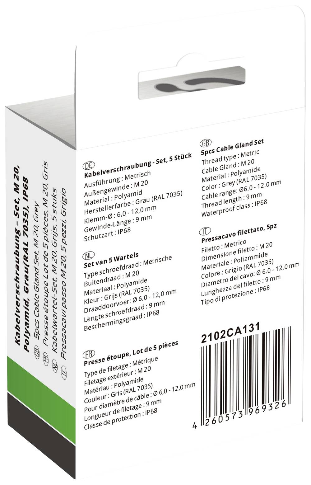 Verpackung mit Kabelverschraubung-Set, bestehend aus 5 Stück, metrische Ausführung, Größe M20, Schutzart IP68.