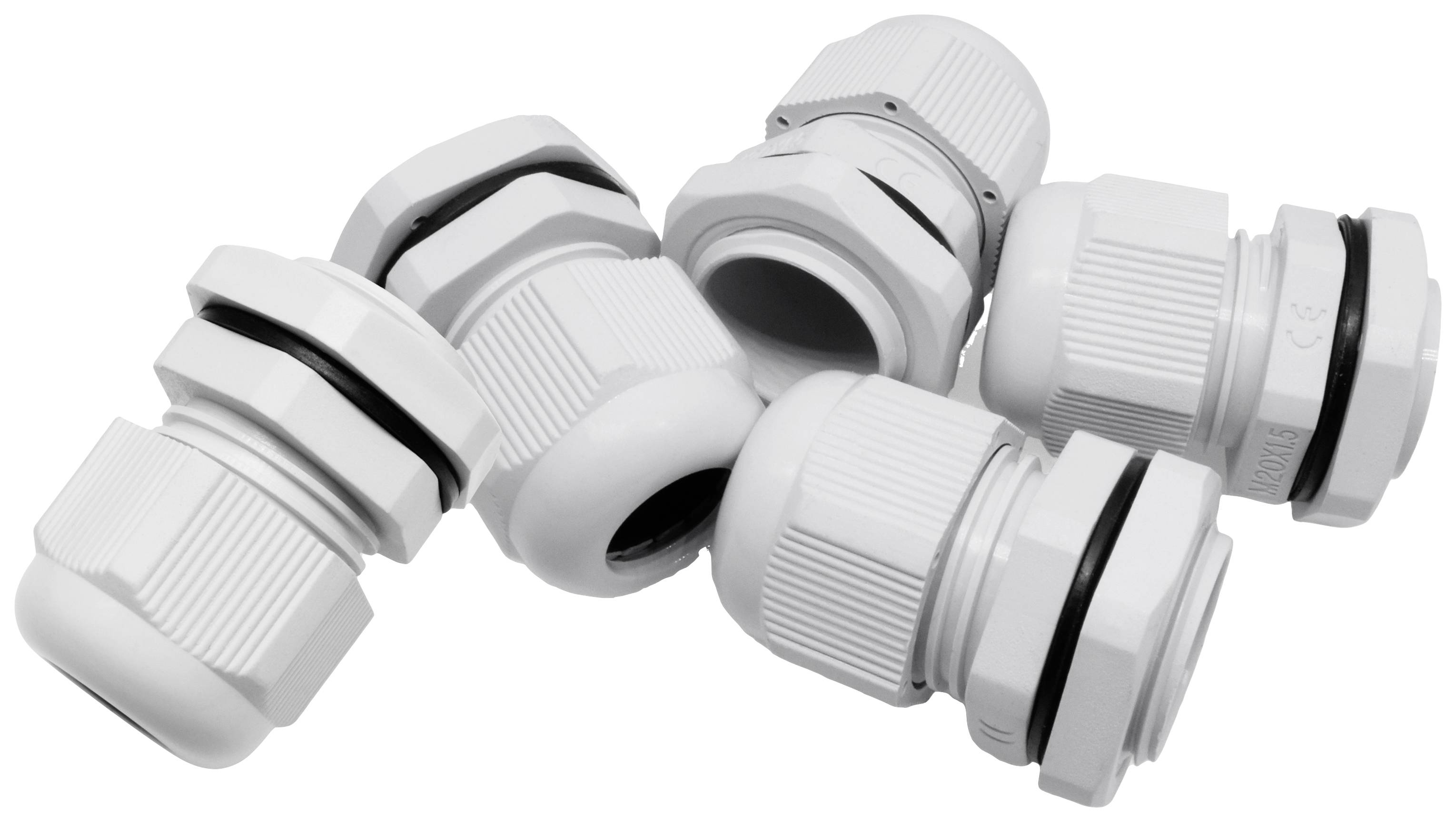 Weiße Kabelverschraubungen aus Kunststoff in verschiedenen Größen gruppiert, bereit zur Verwendung in elektrischen Anwendungen.