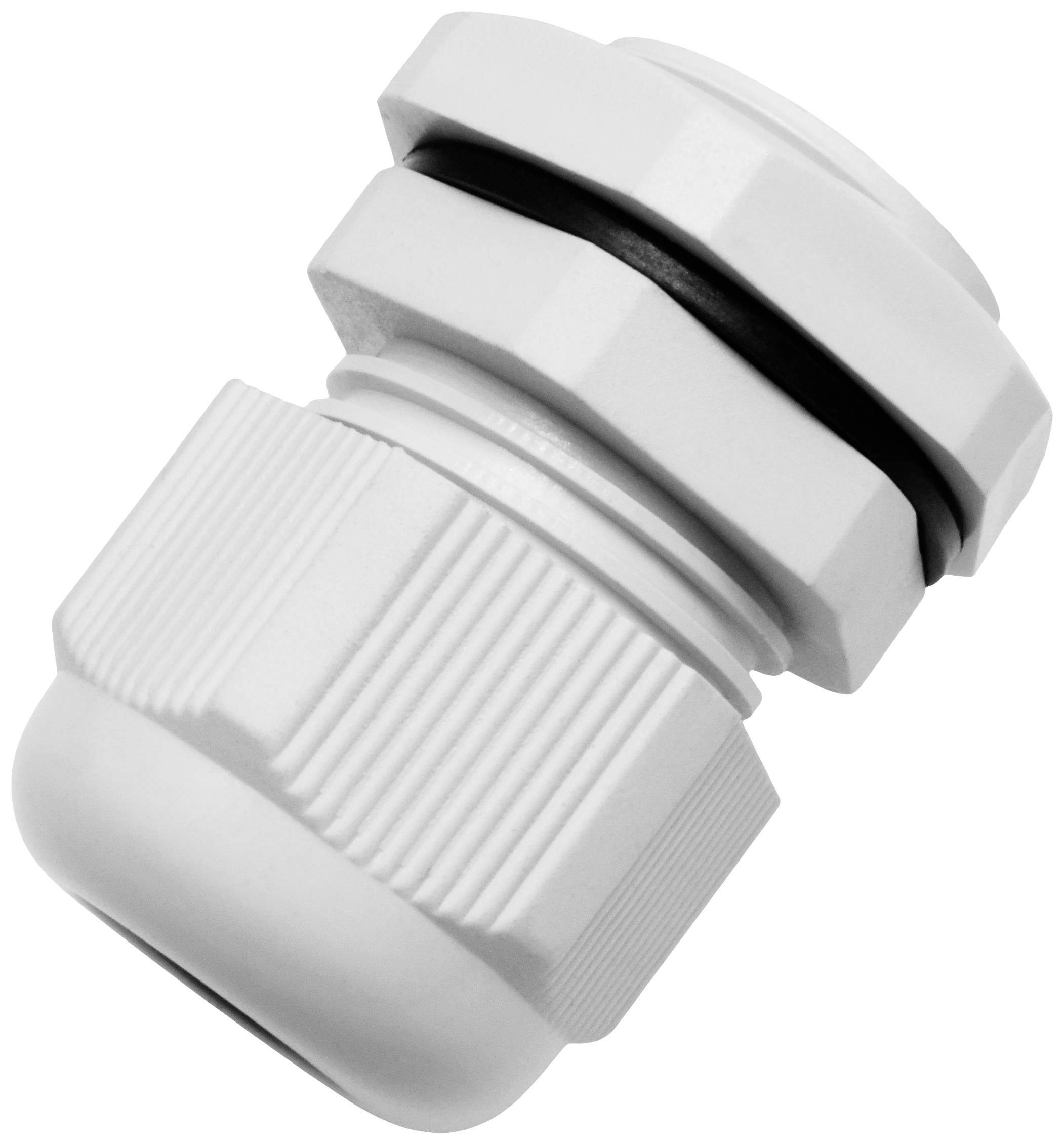 Ein weißer Kabelverschraubung aus Kunststoff, zeigt die Struktur und Form mit Gewindeanschluss. Verwendet zum Schutz von Kabeln.