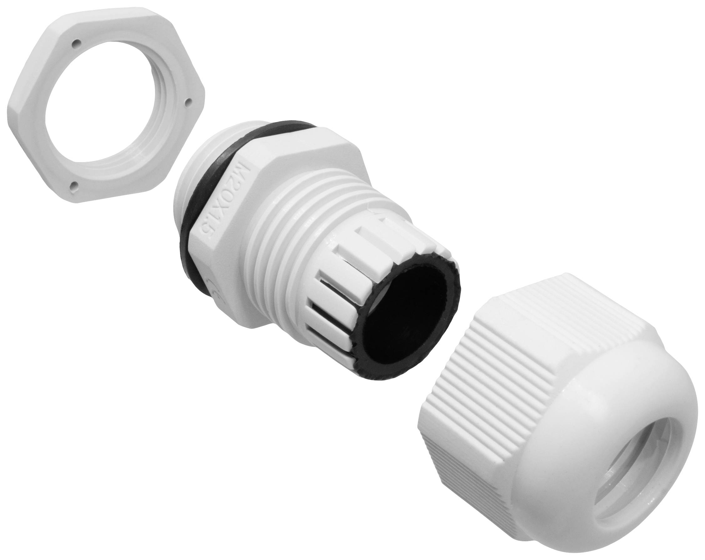 Weiße Kabelverschraubung aus Kunststoff, bestehend aus drei Teilen: Mutter, Körper mit Dichtung und Verschlusskappe.