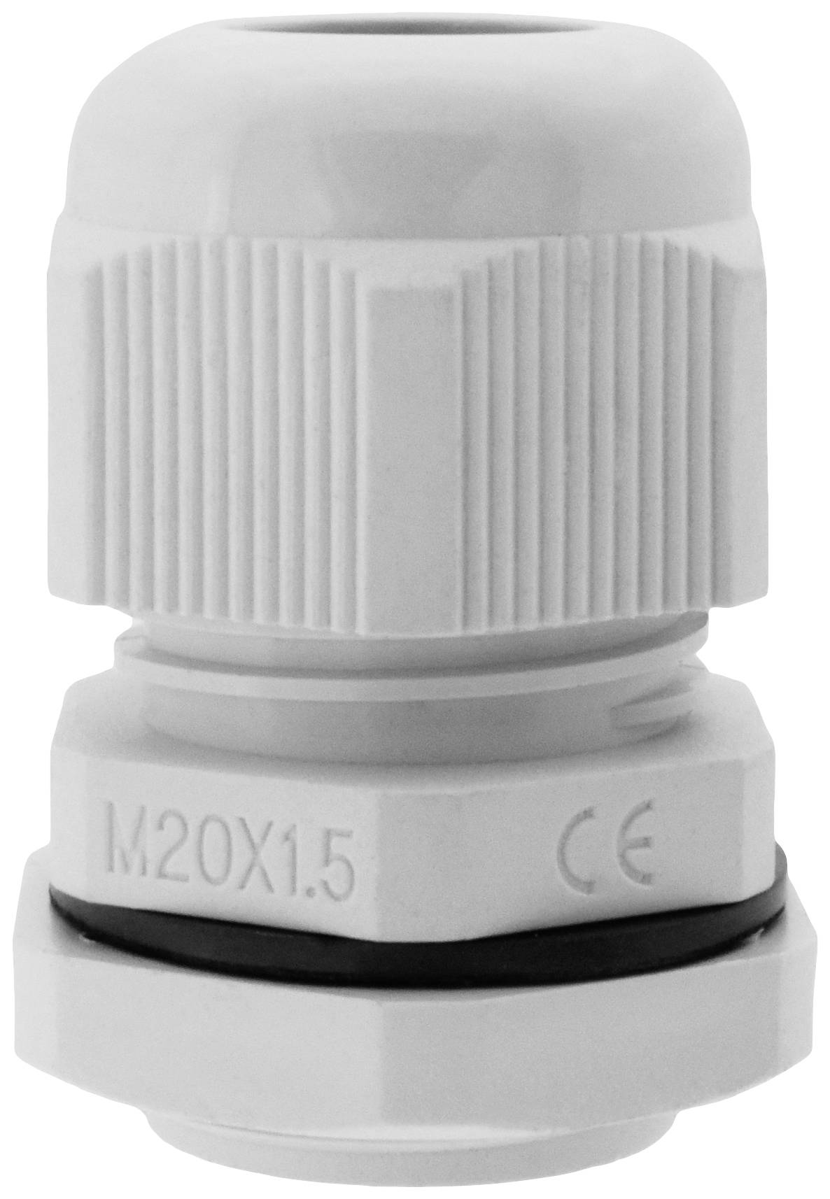 Kabelverschraubung aus Kunststoff, Größe M20x1.5, weiß, mit CE-Kennzeichnung.