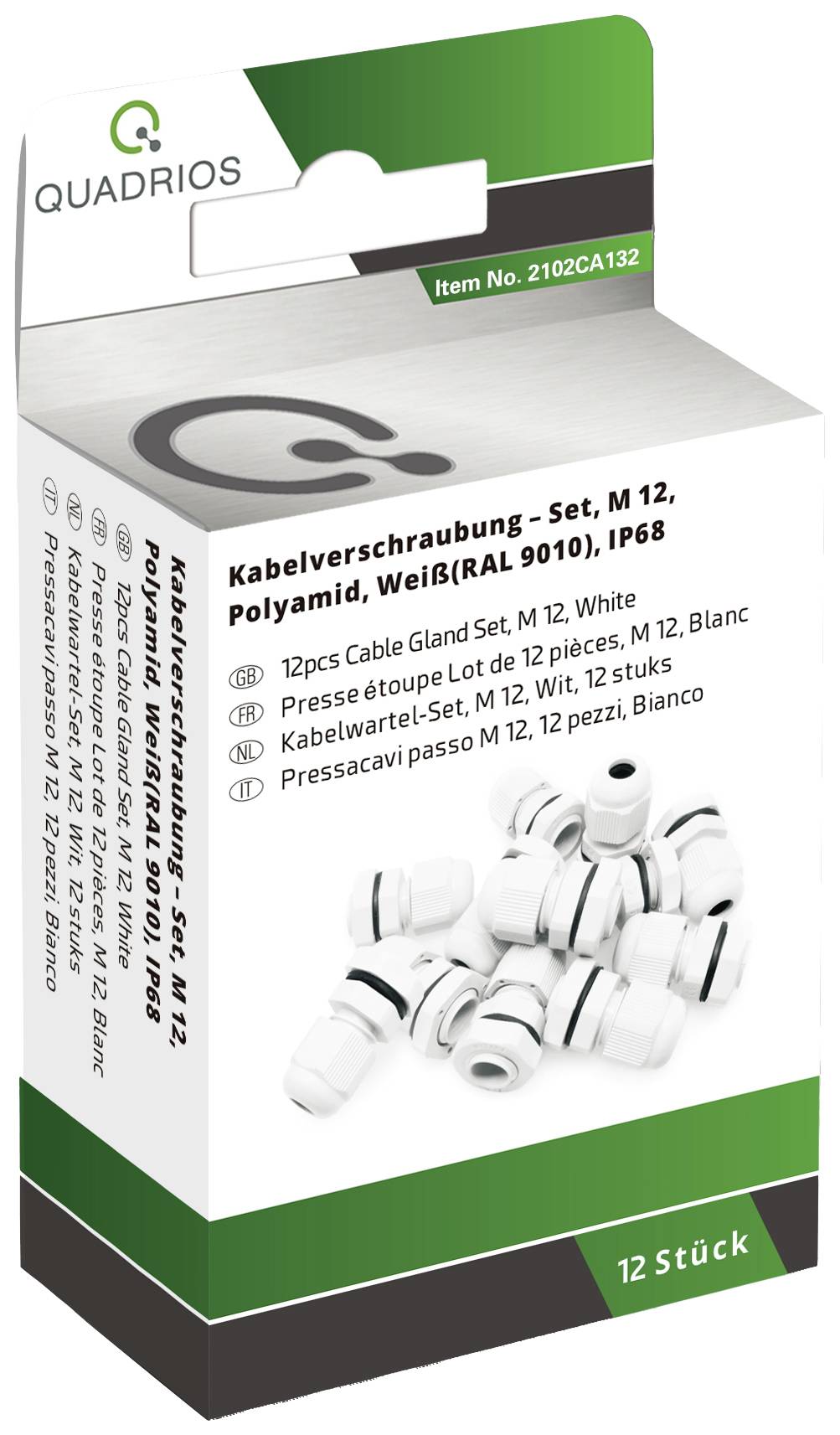 Kabelverschraubung-Set in Weiß, 12 Stück pro Packung. Enthält Kabelverschraubungen aus Polyamid, IP68-Schutzklasse. Verpackung im Quadratisch-Design.