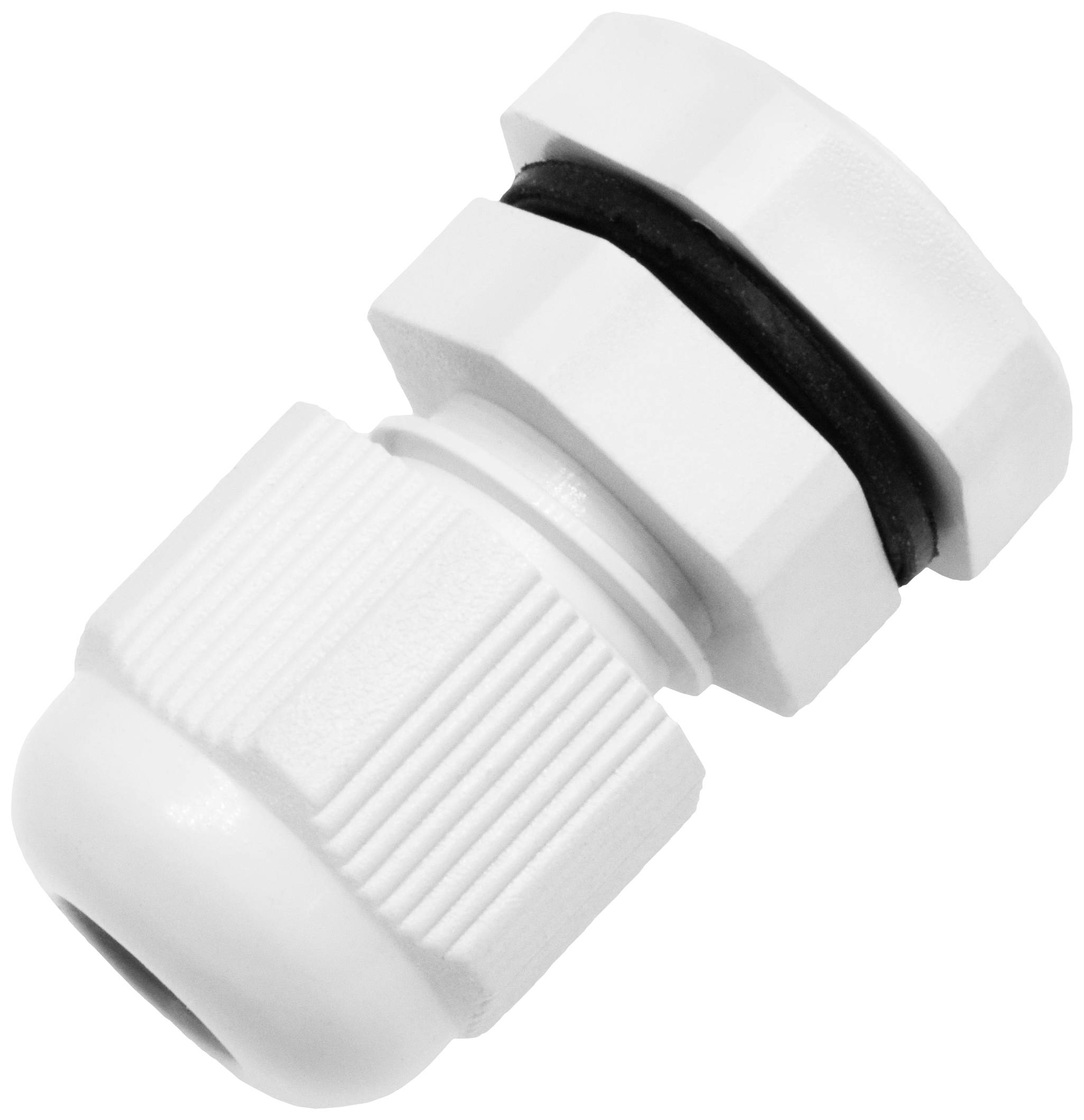 Ein weißer Kabelverschraubungskopf mit geriffelter Oberfläche und schwarzer Dichtung, verwendet zur sicheren Kabelbefestigung.