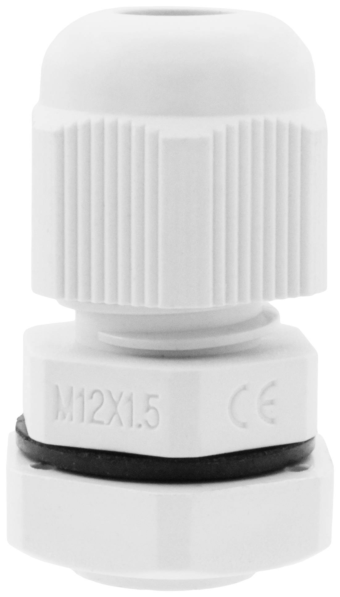 Weiße Kabelverschraubung aus Kunststoff mit der Aufschrift 'M12x1.5 CE', verwendet zur Abdichtung und zum Schutz von Kabeln.