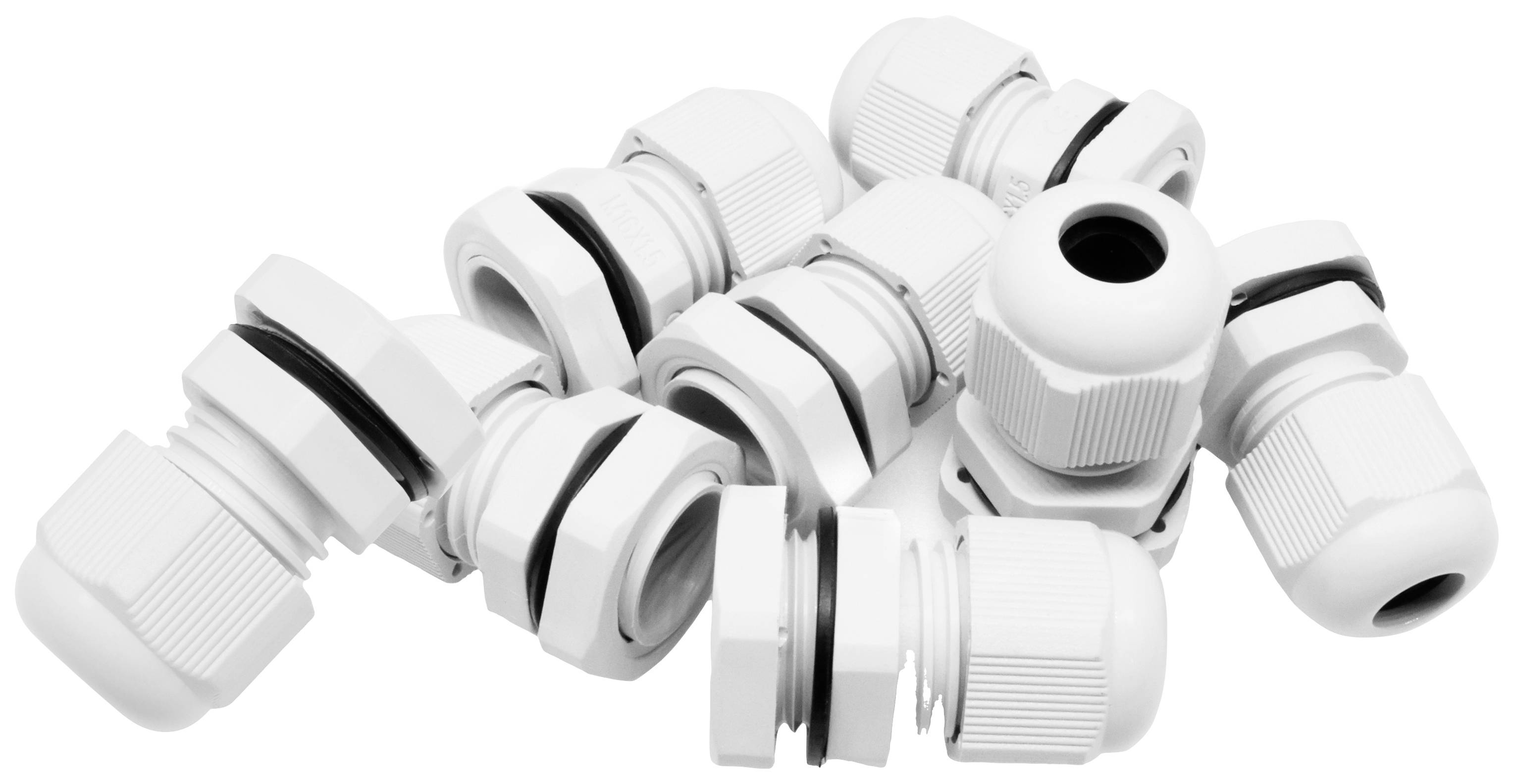 Mehrere weiße Kabelverschraubungen gestapelt.