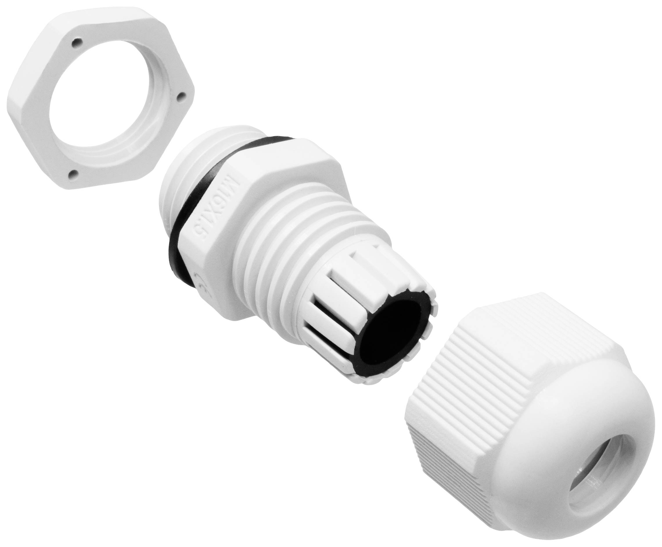 Kabelverschraubung aus weißem Kunststoff, bestehend aus drei Teilen: Dichtungsring, Gewindemuffe, Verschraubungskappe, zur Kabelbefestigung.