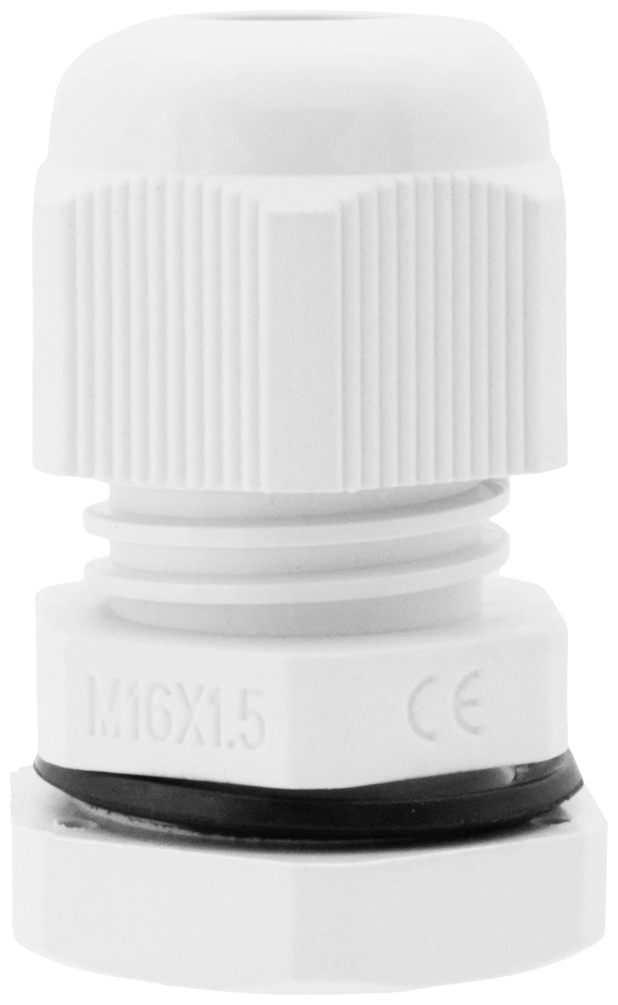 Ein weißer Kabelverschraubungseinsatz mit der Aufschrift 'M16X1.5 CE' auf dem unteren Ring. Geeignet für den Einsatz in elektrischen Installationen.