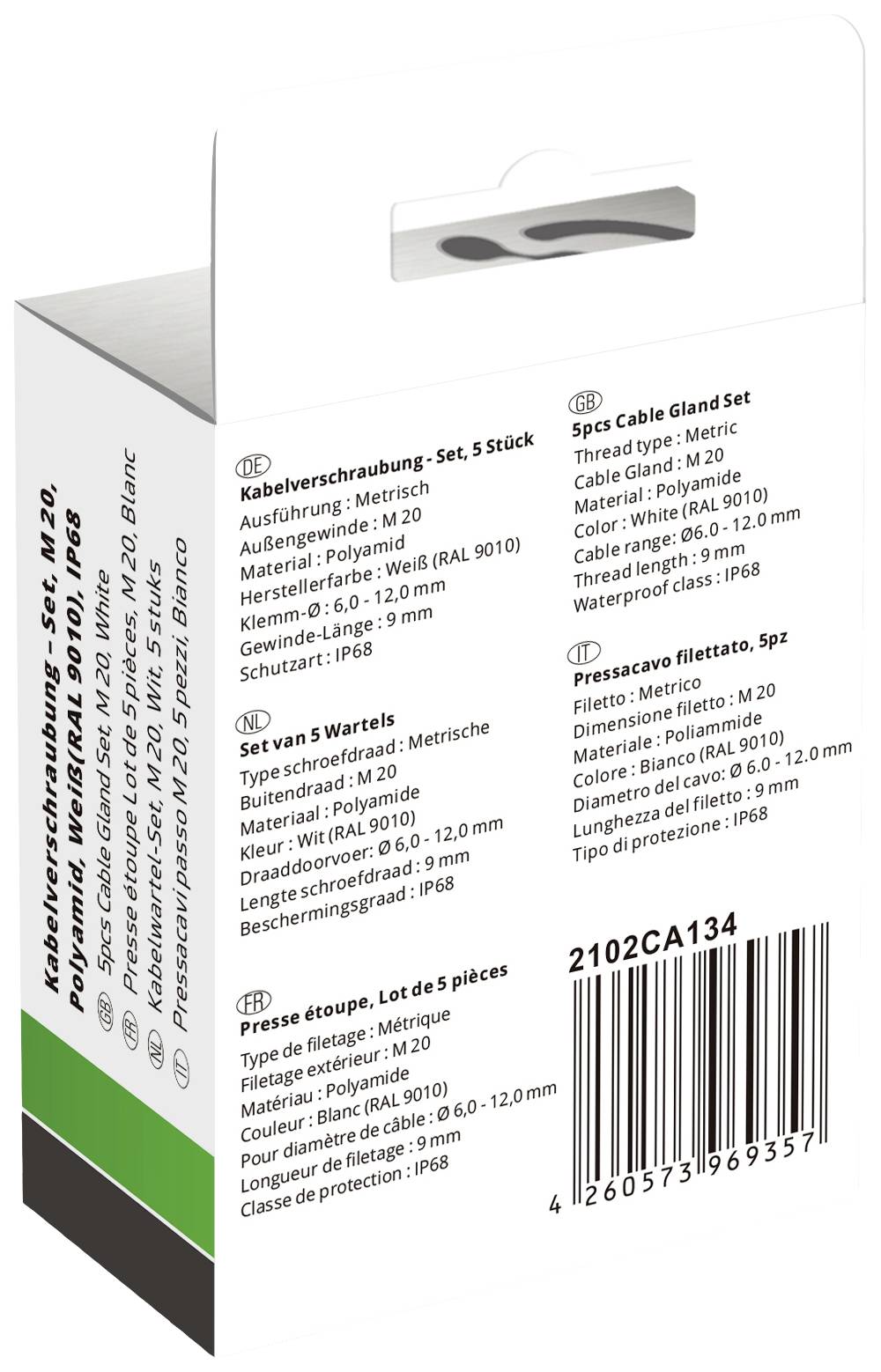 Verpackung eines Kabelverschraubung-Sets in mehreren Sprachen mit Angaben zu Größe, Material, Schutzart und Inhalt.